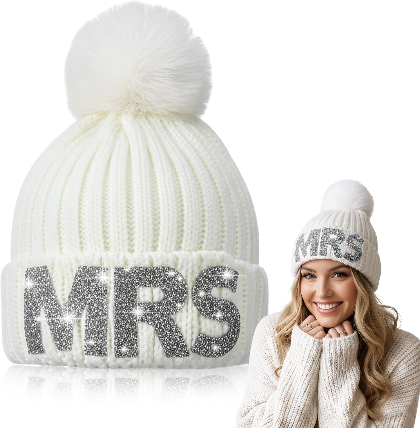 Shihanee Rhinestone Mrs Knitted Beanie Hat with Faux Fur Pom White Bride and Bridesmaid Beanie Warm Soft Womens Winter Hat for Bachelorette Parties Bridal Shower Bride to Be Gift