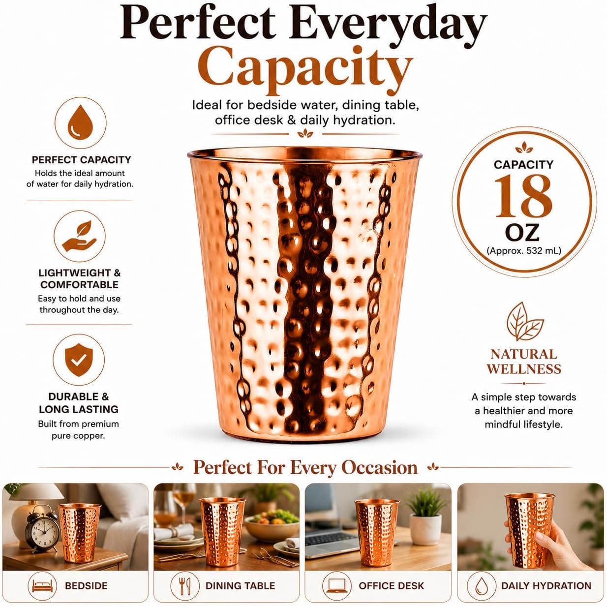 18oz Pure Copper Cup | Hand-Hammered, Heavy-Gauge Copper Cups for Water, Cocktails & Moscow Mules | 100% Solid Drinking Tumbler