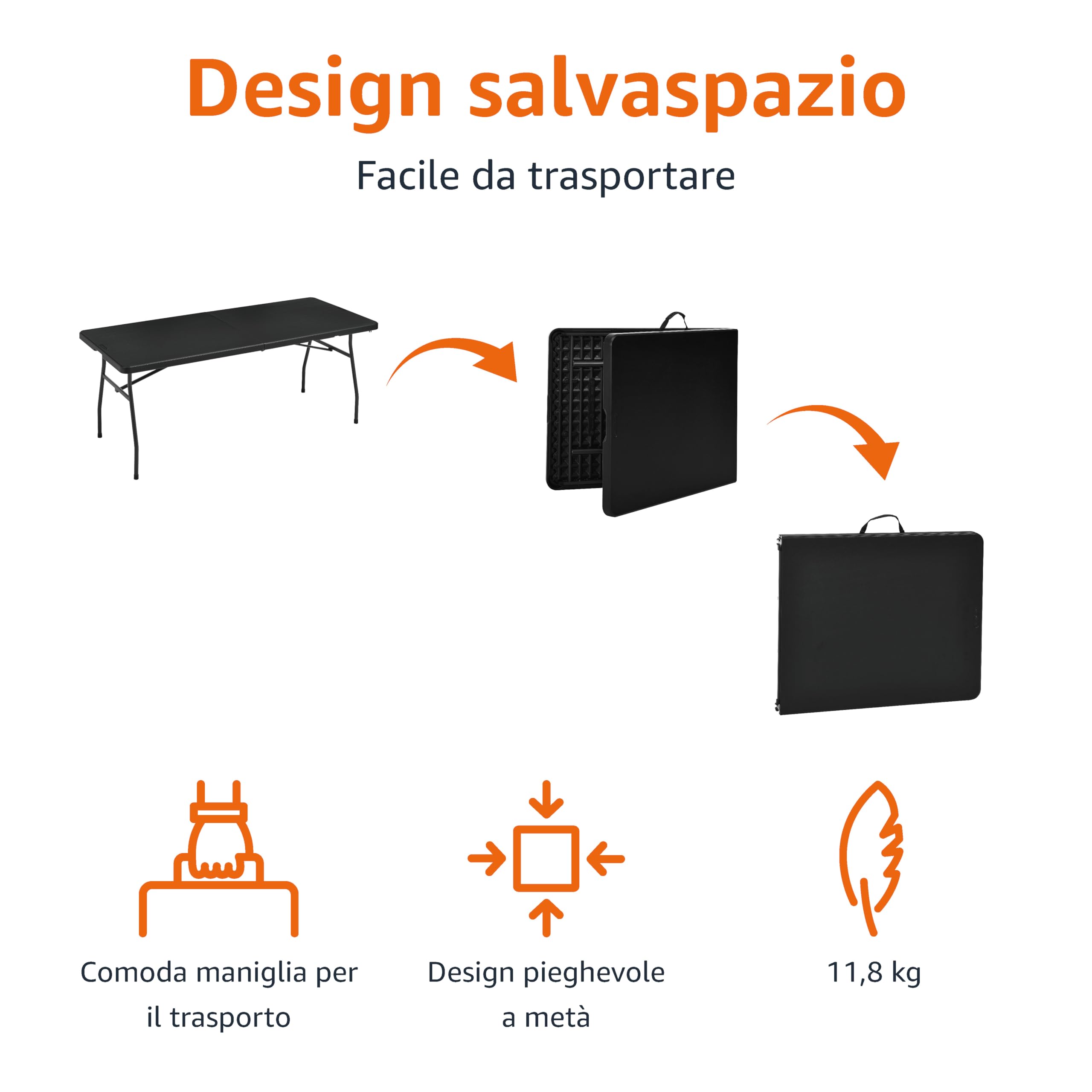 Amazon Basics, Tavolo pieghevole rettangolare da 1,8 m, con maniglia per il trasporto, per interni ed esterni, portatile, leggero, da viaggio, picnic, campeggio, nero, 182 x 75 x 73 cm
