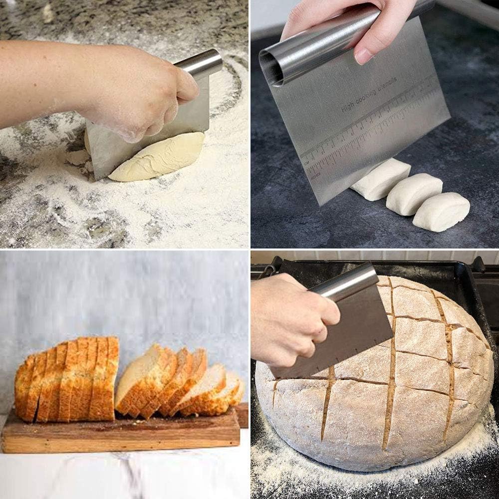 Mempedont Pastry Brush for Baking and Bench Scraper Set, Natural Boar Bristles Basting Brush & Stainless Steel Pastry Cutter with Etched Markings for BBQ, Basting, Cooking, Dough Scraper & 4 pcs Brush: Kitchen & Dining