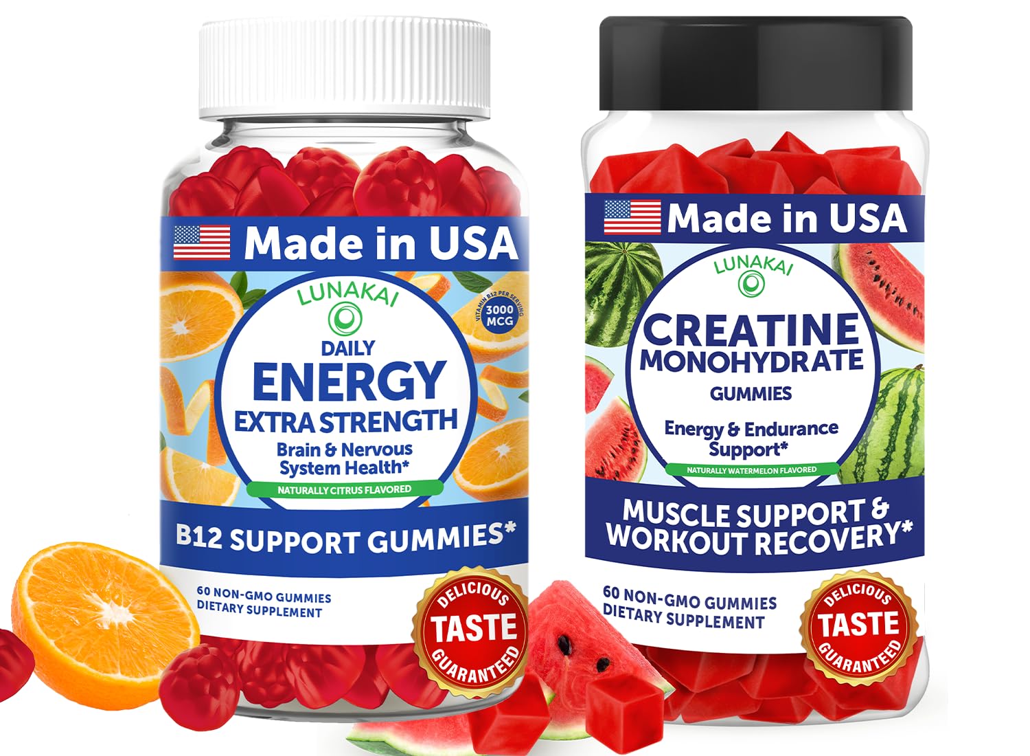 Lunakai USA Made Energy B12 & Creatine Monohydrate Gummies Bundle – Daily Energy & Muscle Support – 60 Non-GMO Gummies Each