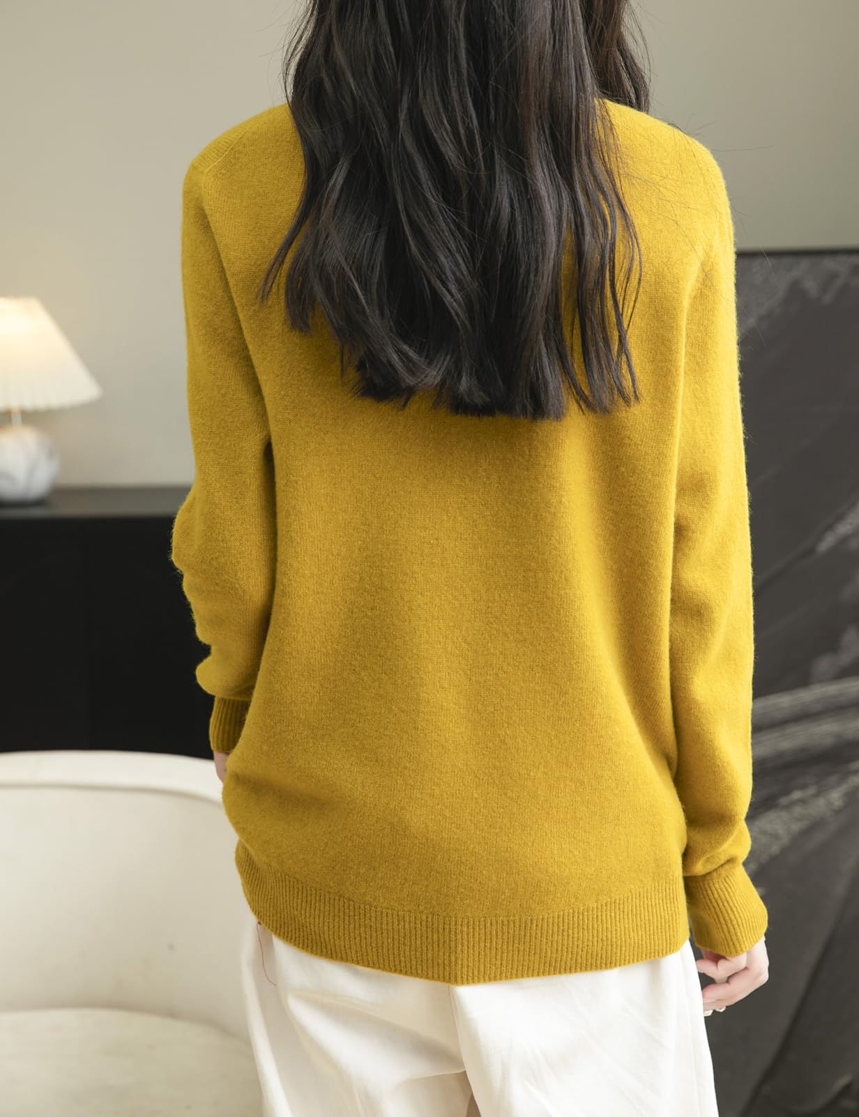 Chanyarn Mujer Jersey de Cuello Redondo 100% Lana Merino 2024 Suéter de Punto Sin Costuras de Manga Larga