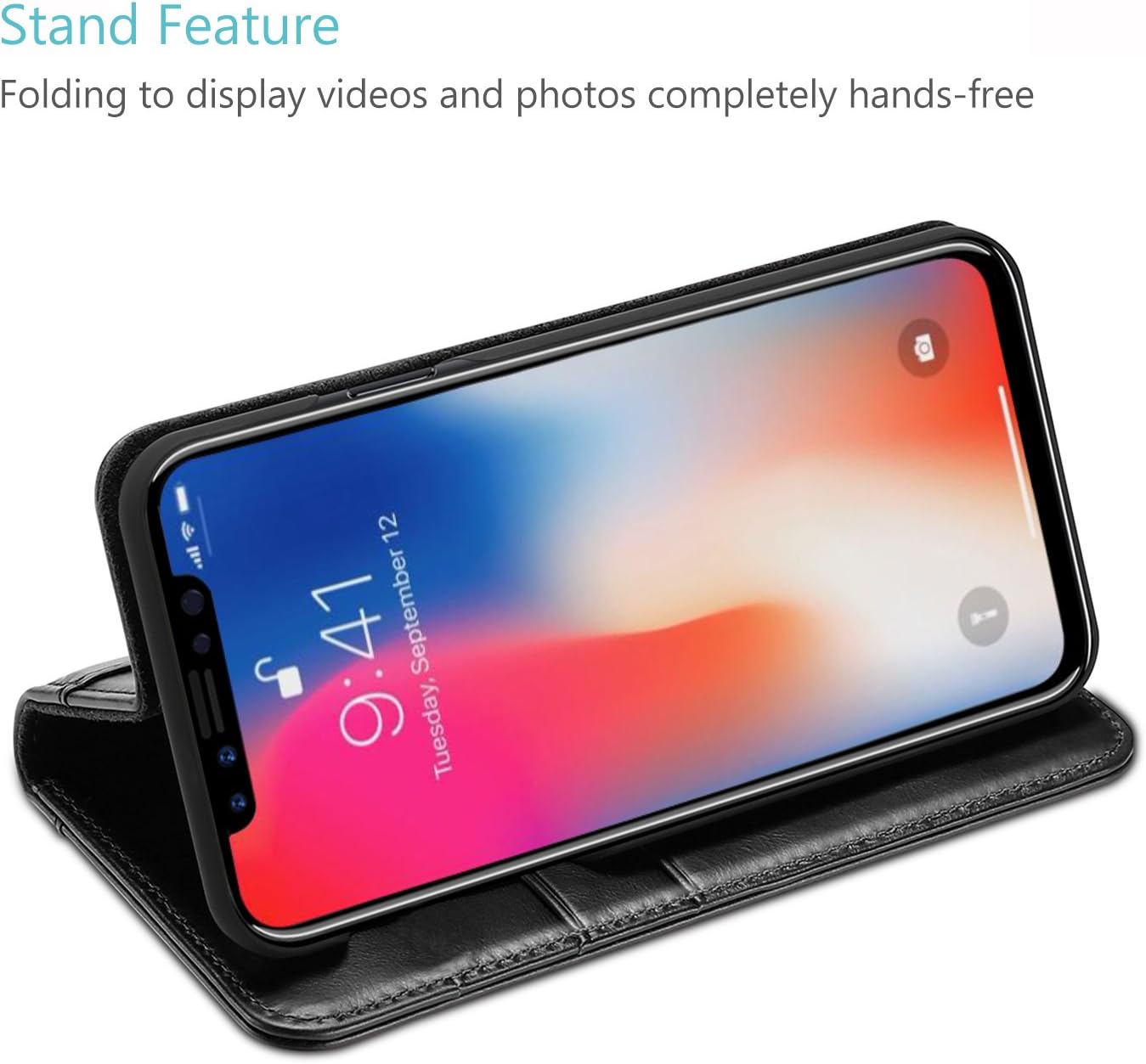 ProCase iPhone Xs/iPhone X Genuine Leather Case, Wallet Case Flip Cover with Kickstand Card Slots Magnetic Closure with Auto Sleep/Wake Function for Apple iPhone Xs (2018) / iPhone X (2017) –Black