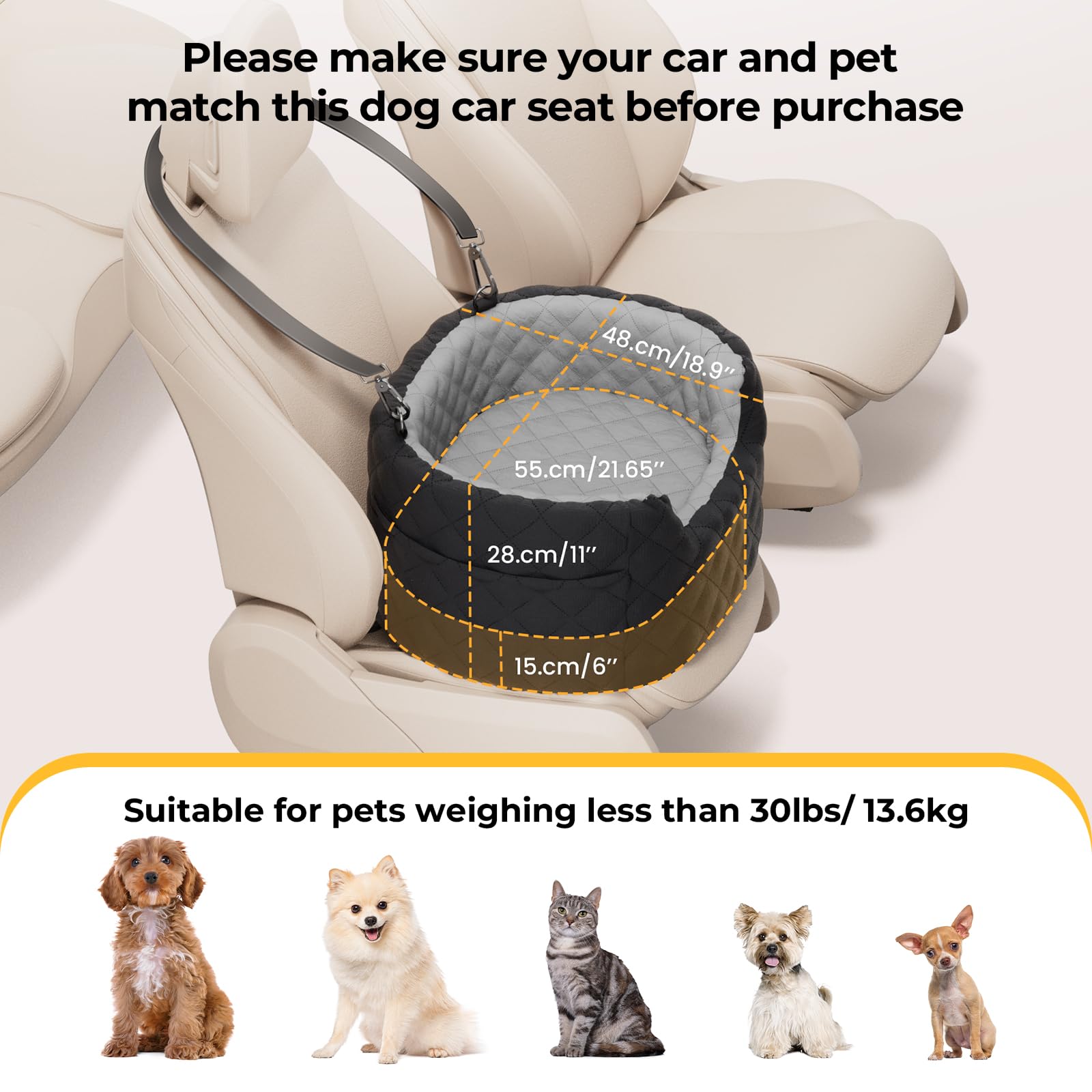 Pecute Asiento de Coche para Perros Pequeños y Medianos, Transportin Asiento Elevador para Perros con Bolsillos de Almacenamiento y Cojín 15cm, Silla Cama de Viaje para Mascotas,hasta 13,6 kg