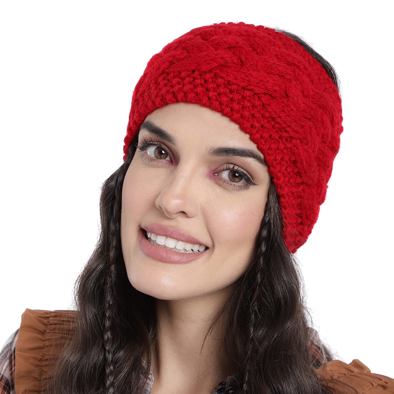 magic needles Headband Earwarmers for Winters | Handmade/Crocheted with Good Woolen Unisex Earwarmer Earmuffs Earcap Earcover Soft Headwrap Warm Winter Accessories (2601 Red Criss cross)-picture-35