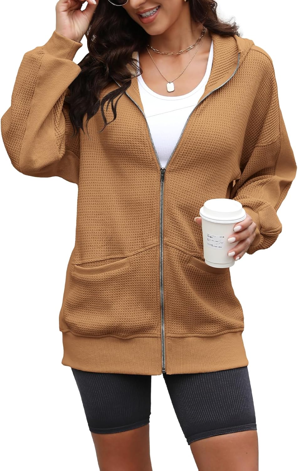 Yanekop Zip Up Hoodie Women Oversized Waffle Knit Shirt Fall Shackets 2025 Corduroy Jacket Fall Outfits with Pockets - Image 4