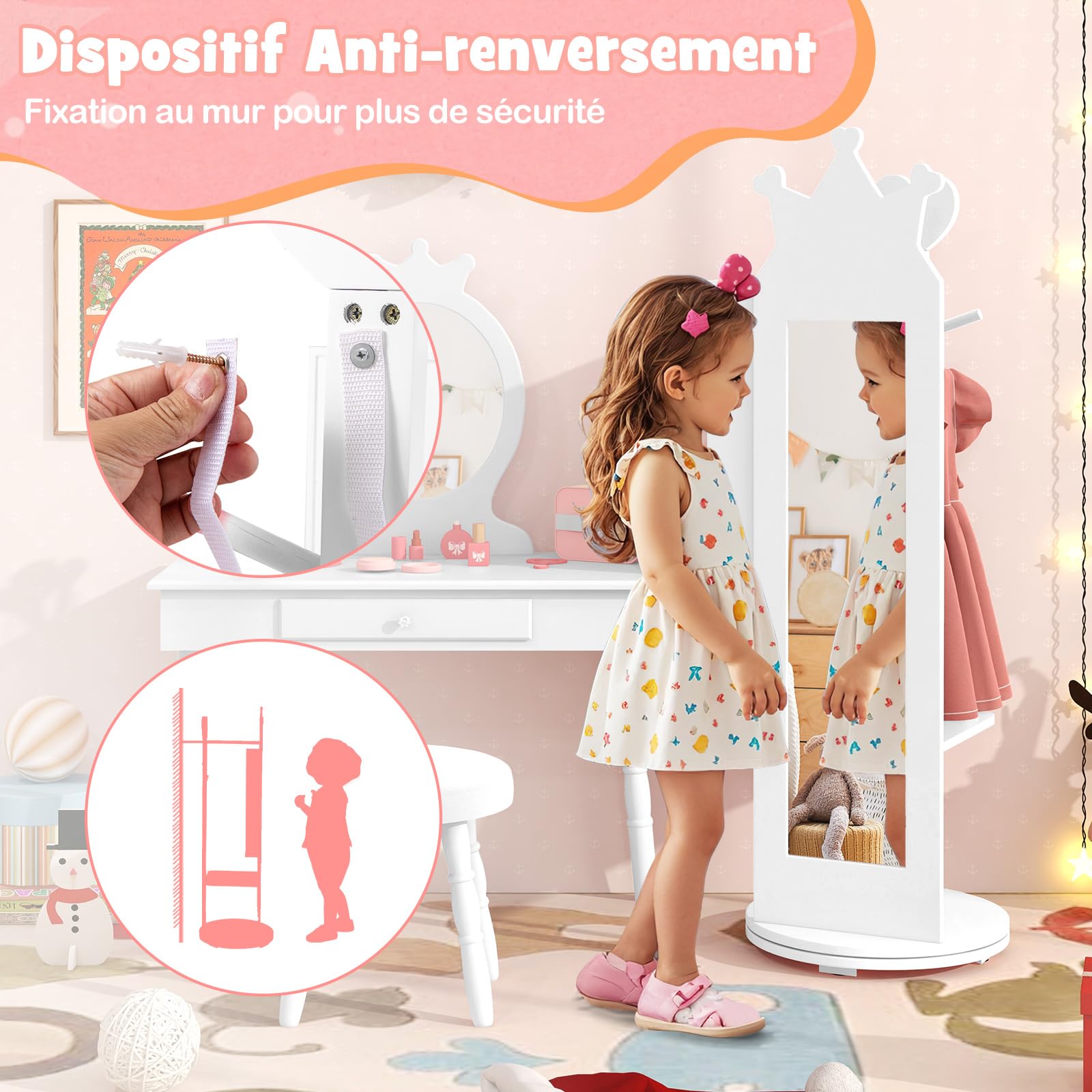 COSTWAY Armoire à Bijoux Enfant avec Miroir & Base Pivotante, Organisateur à Bijoux en Motif Couronne avec 2 Crochets & Étagère, Dispositif Anti-basculement pour Enfant de 3 Ans+ (Blanc)