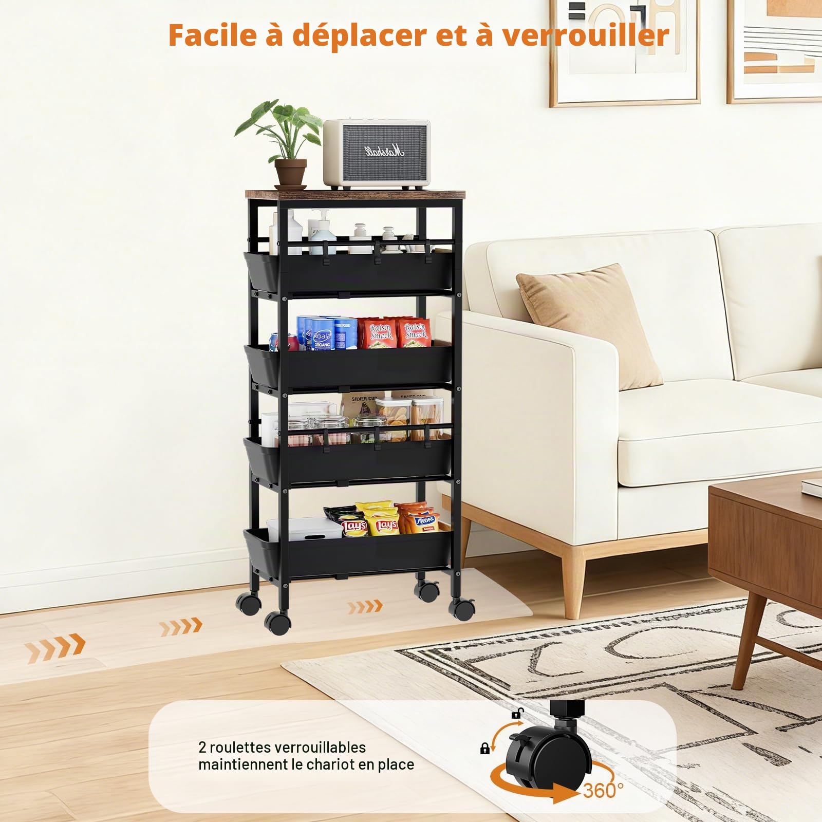Meuble Rangement Cuisine, Corbeille à Fruits en Métal Chariot de Rangement à 5 Niveaux avec Plateau en Bois, Cuisine, Chambre, Salle de Bain, Dortoir