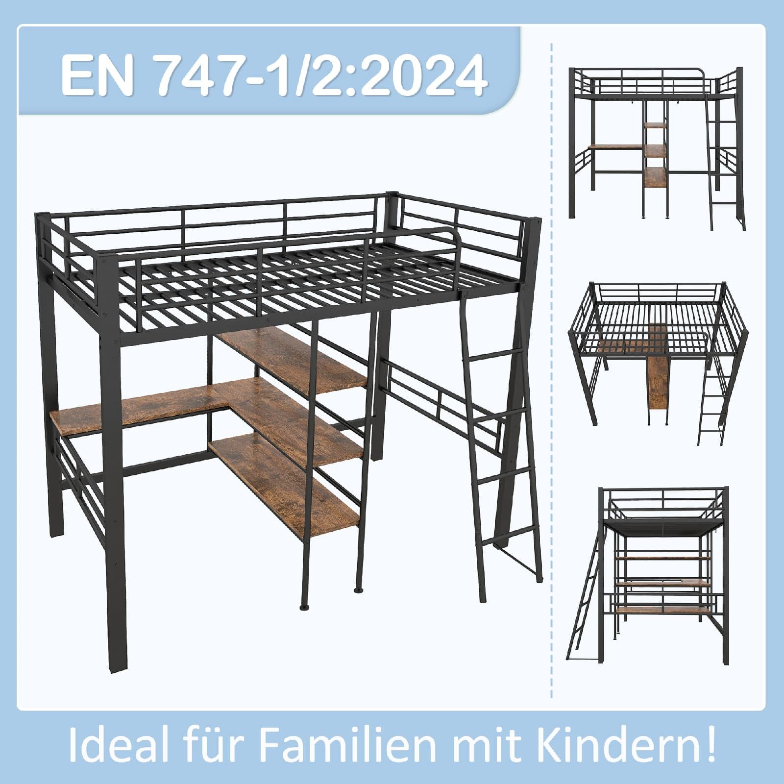 PUGSDRLY Lit Mezzanine Enfant 90x200cm Bureau Étagères, Cadre Fer Hauteur Adolescent Noir