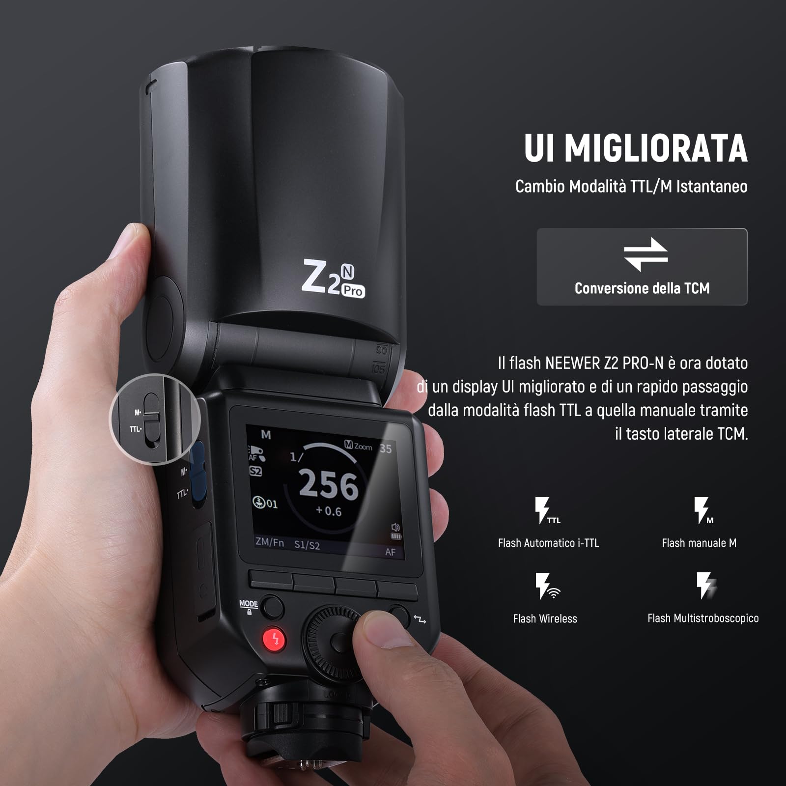 NEEWER Z2PRO-N Flash Speedlite Rotondo TTL 2.4G Compatibile con Nikon, Wireless Compatibile con Godox, 76Ws HSS 1/8000s, UI Aggiornata, Tasto TCM per TTL/M, 3000mAh 600 Luce a Piena Potenza, Diffusore