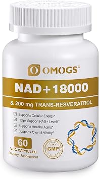 OMOGS NAD+ 300 mg + Trans-Resveratrol 200 mg, Pure NAD Supplement, Max Absorption, Boosting Supplement for DNA Repair, Healthy Aging, Cellular Energy & Longevity, 60 Capsules