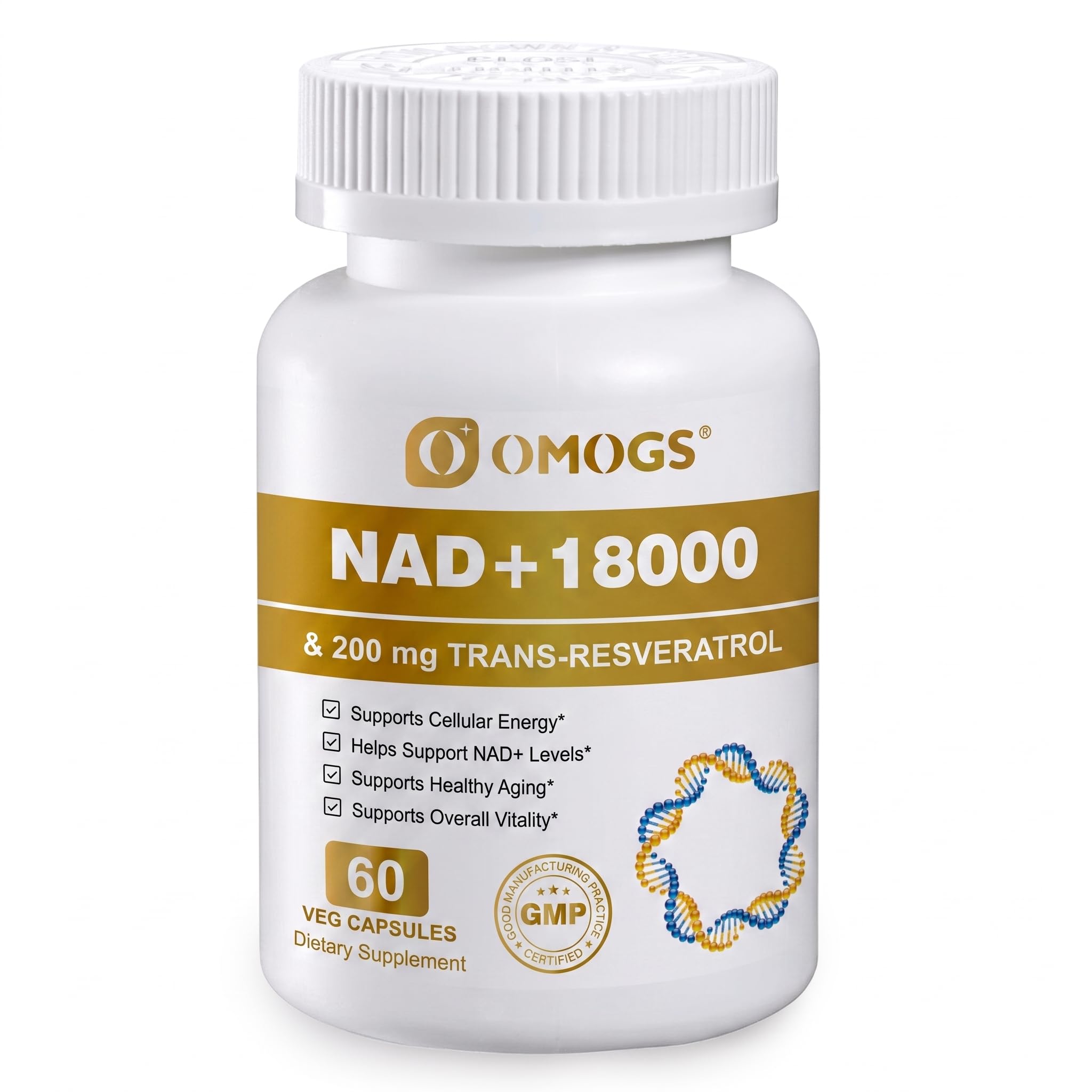 OMOGS NAD+ 300 mg + Trans-Resveratrol 200 mg, Pure NAD Supplement, Max Absorption, Boosting Supplement for DNA Repair, Healthy Aging, Cellular Energy & Longevity, 60 Capsules