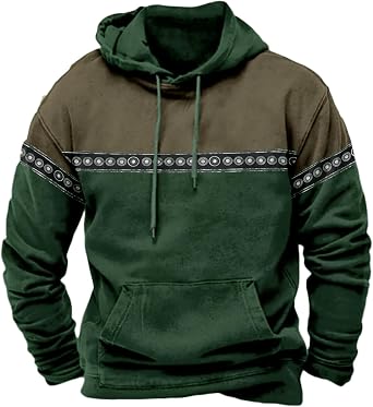 Aztec Hoodies for Men Oversized Long Sleeve Pullover Mens Drawstring Vintage Graphic Western Cowboy Jackets Fall Winter Country Hoodies with Kangaroo Pocket G-Patchwork Green S