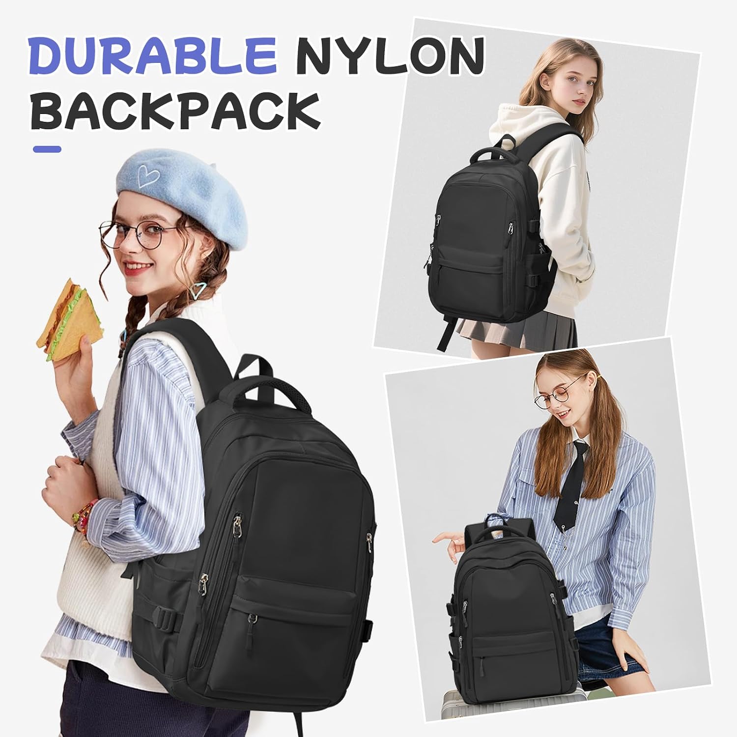 Lightweight Backpack for Women Men, Travel Casual Daypack Laptop Rucksack, Waterproof College High Secondary Bookbag Daily Bag, Black