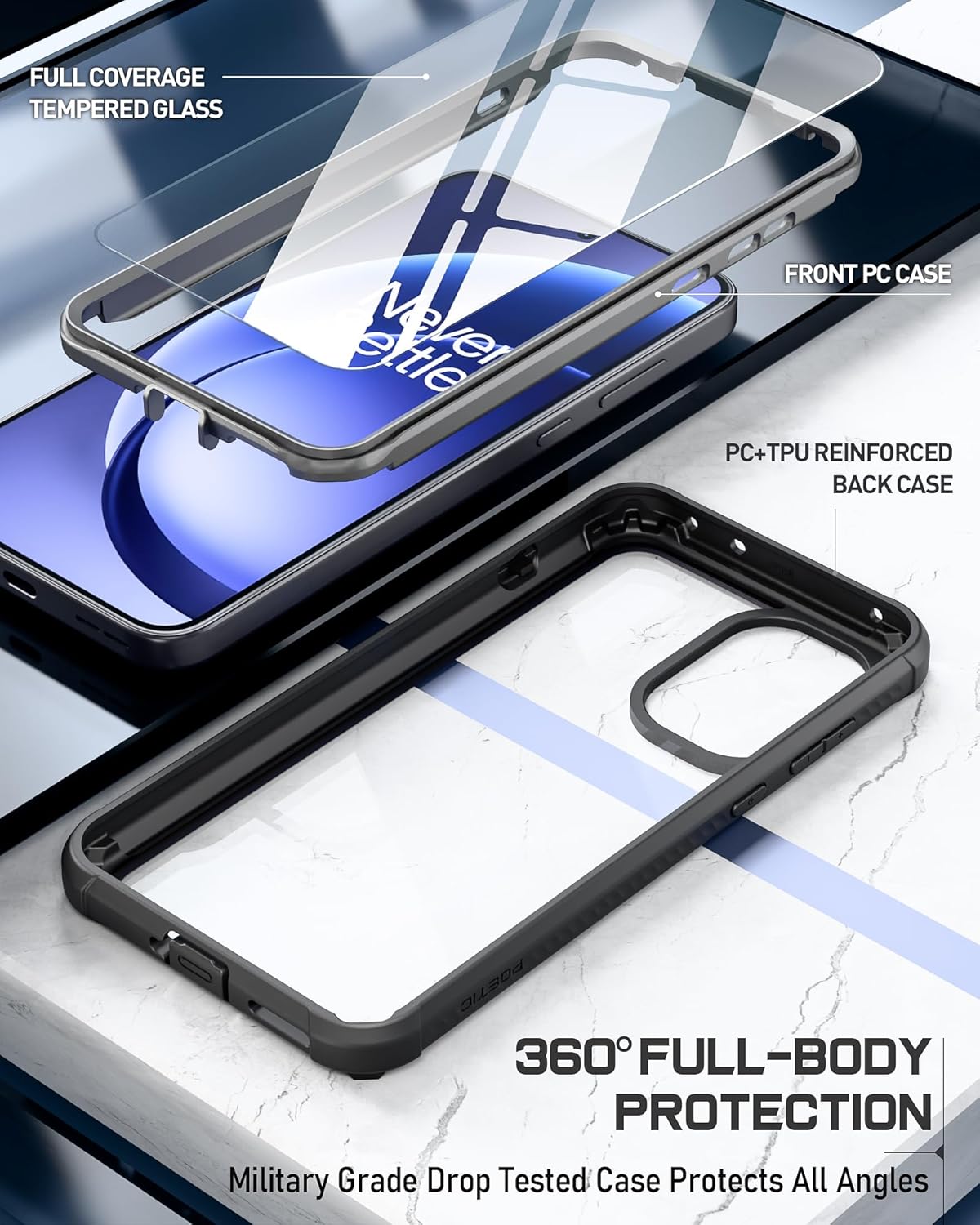 Poetic Guardian Case for OnePlus 15R 5G, 20FT Mil-Grade Drop Tested | Tempered Glass Screen Protector, Full Body Shockproof Rugged Clear Cover Case, Black/Clear