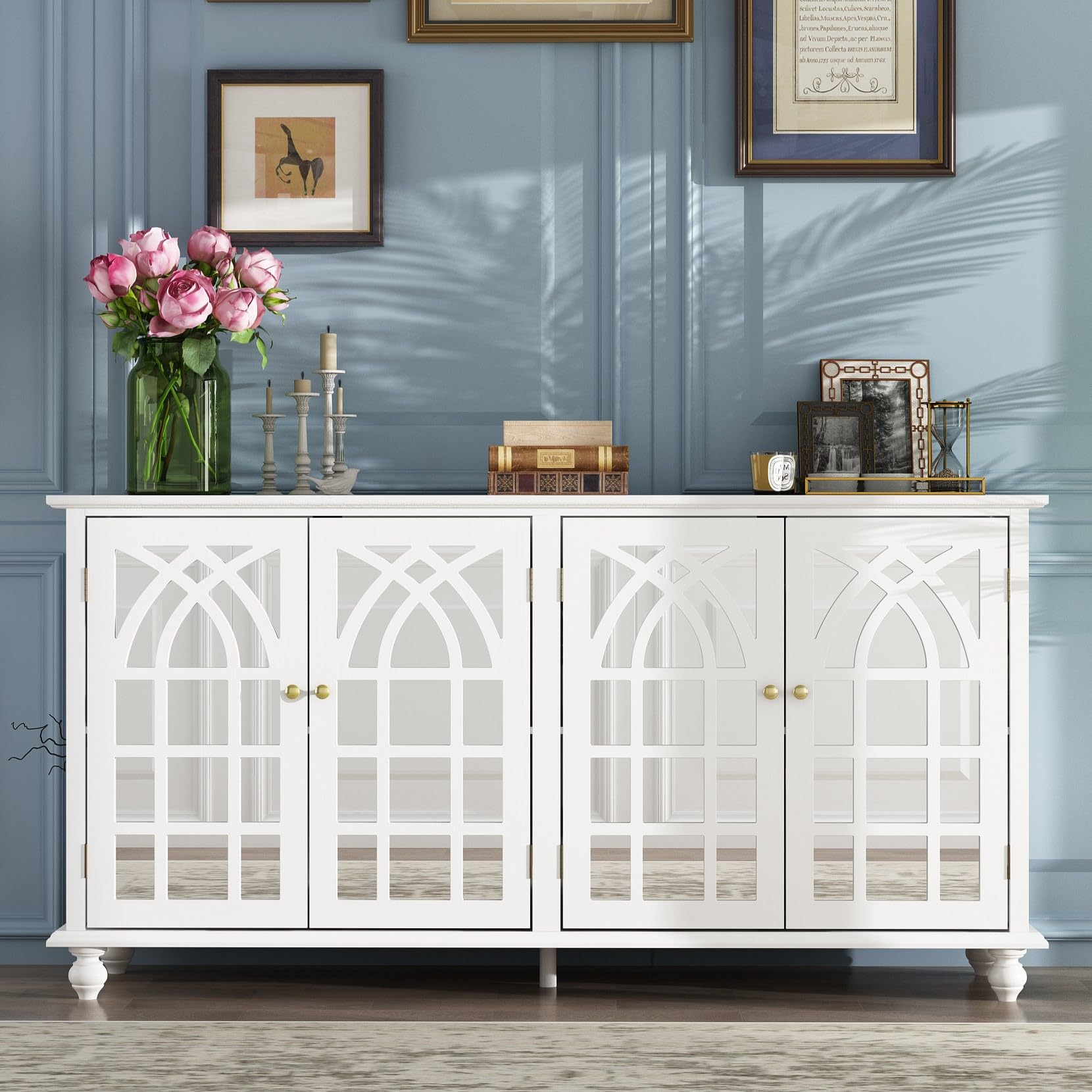 FUNISIR Buffet Sideboard with Storage, Dining Room Buffet Cabinet with 4 Carved Mirrored Doors, Coffee Bar Accent Cabinet Storage Cabinet for Kitchen