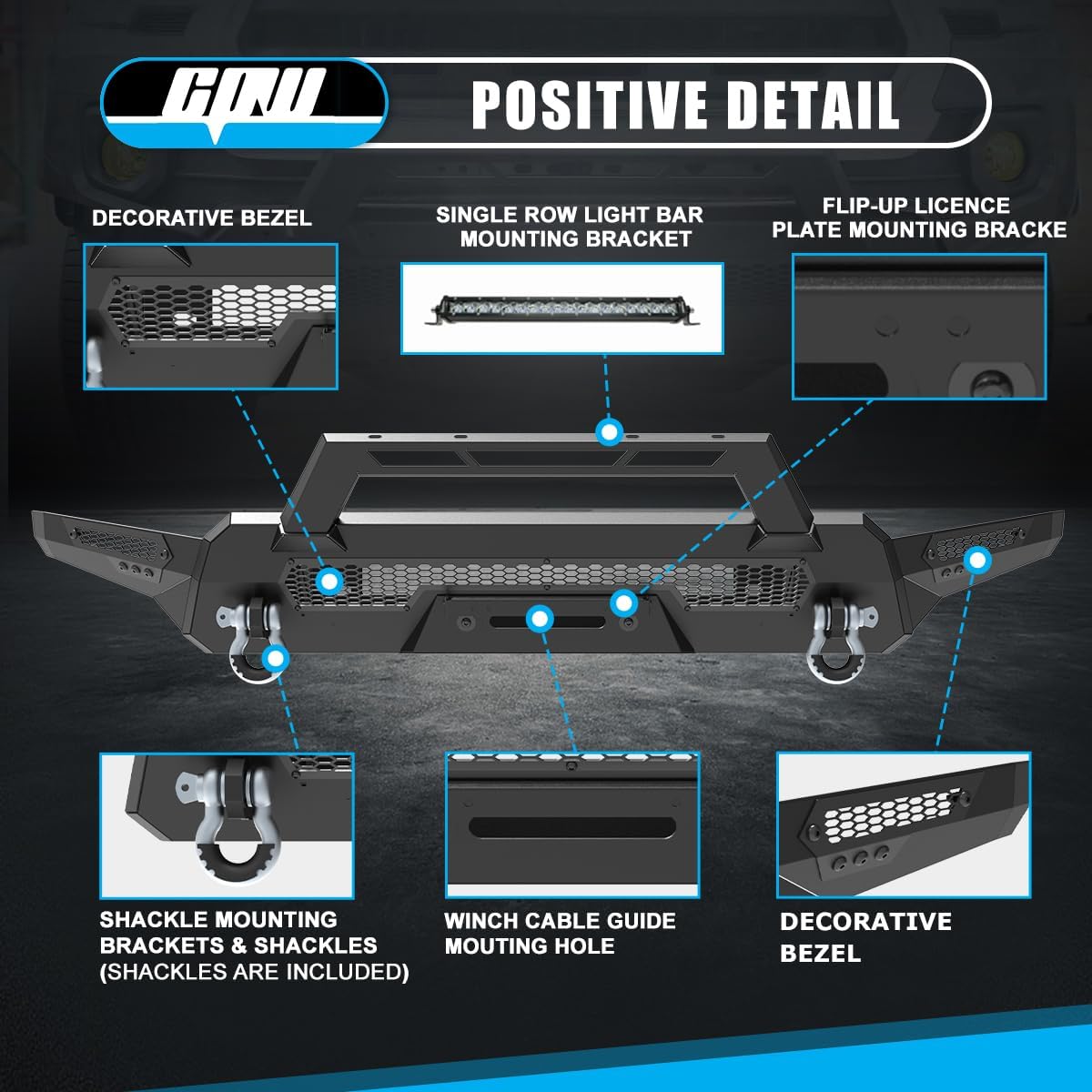 CPW Front Bumper for 2016-2023 Tacoma Modular Heavy Duty Steel Front Bumper+Side Wings+Bull Bar(with Single Row Light Bar Bracket)/Winch Plate/License Plate Bracket/D-ring Shackles