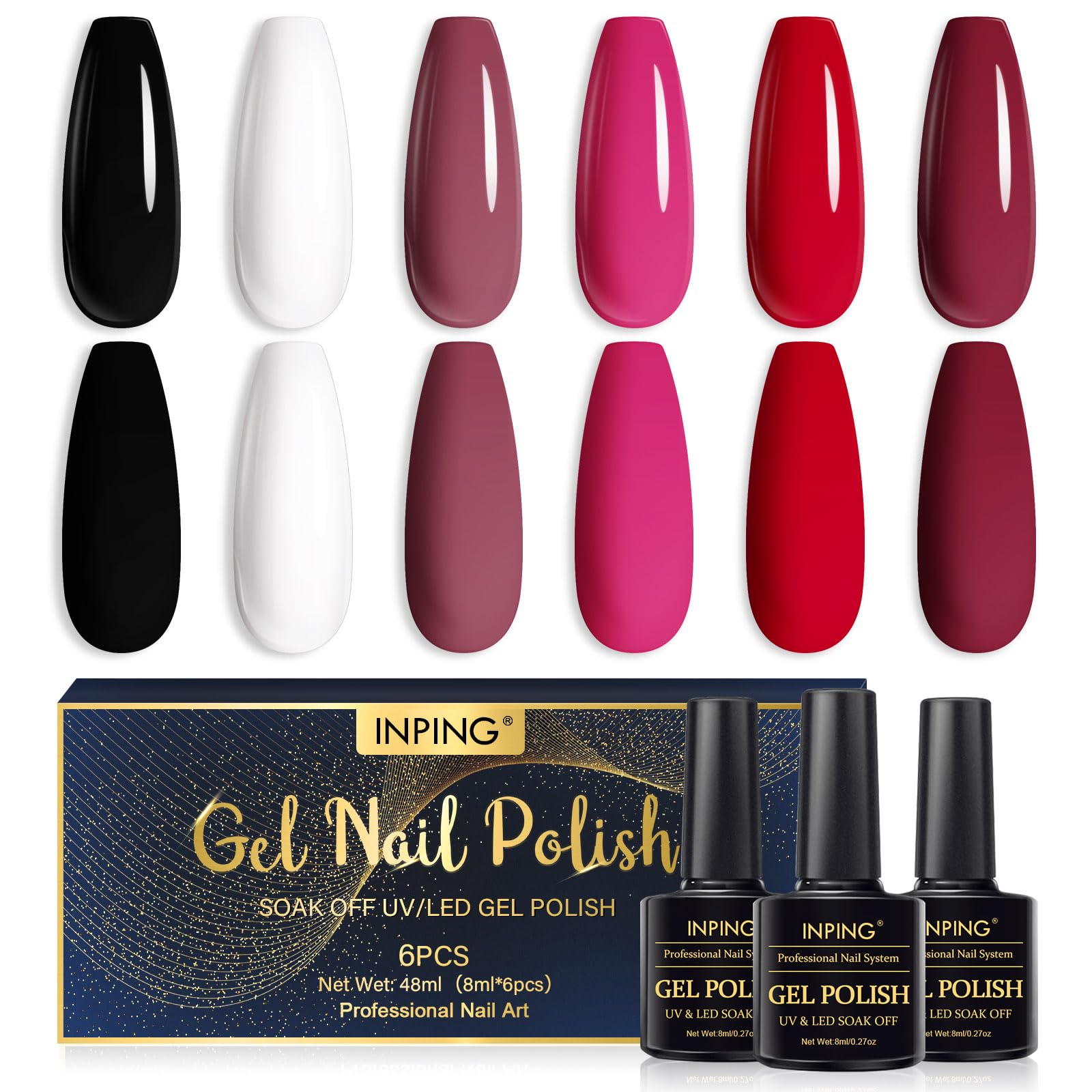 INPING Kit de Esmaltes Semipermanentes de Uñas en Gel UV LED, 6 Colores Burdeos Rojo Rosa Negro Blanco, Esmalte Uñas Soak Off UV/LED Gel Uñas Manicura Nail Art Set, 8ML