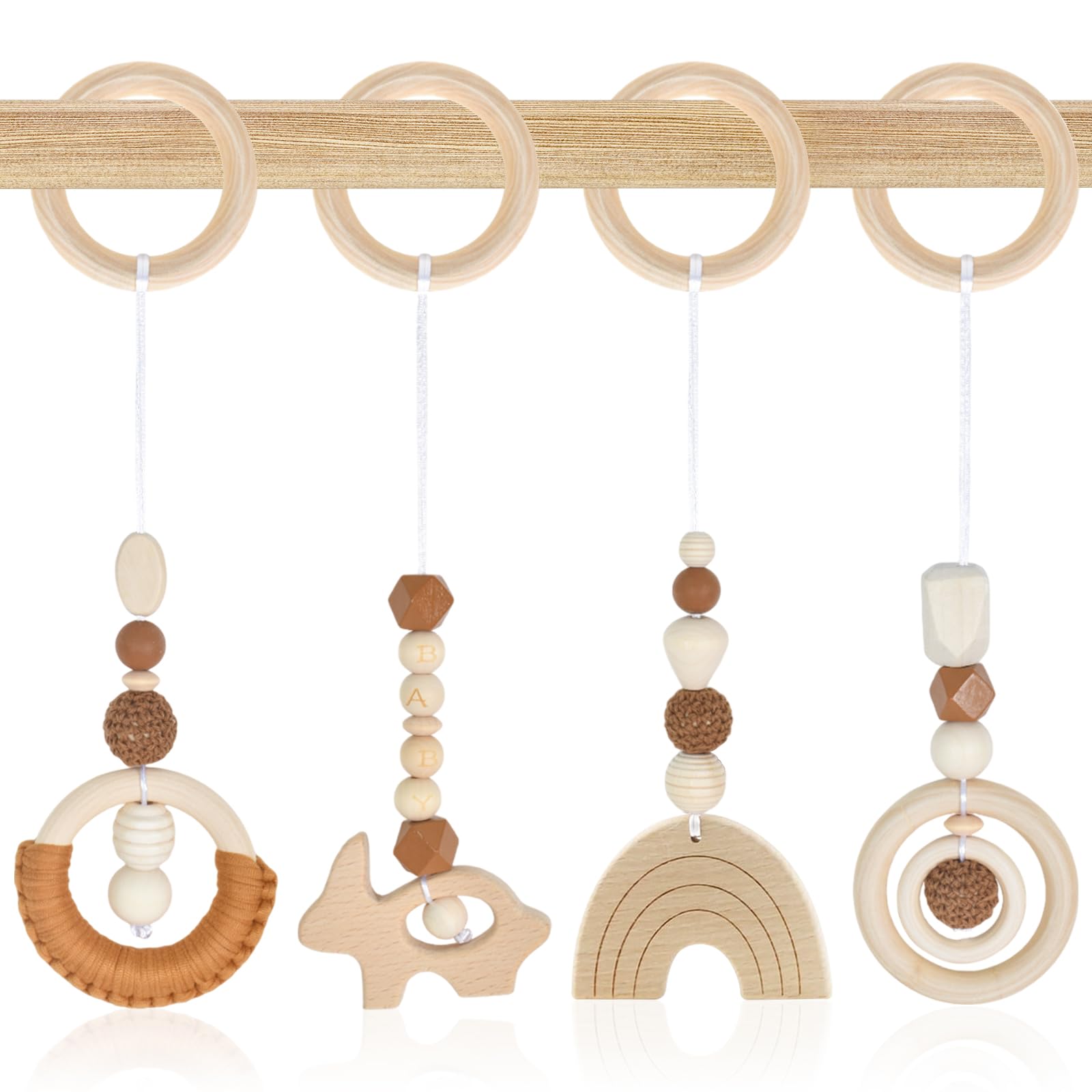 Gimnasio Juguetes de Madera para Carrito Bebe, 4 Piezas Juguetes Colgantes Gimnasio para Carro Bebe, Juguetes Sensoriales Montessori, Regalos para Recién Nacidos de 0 a 12 Meses (Marrón)