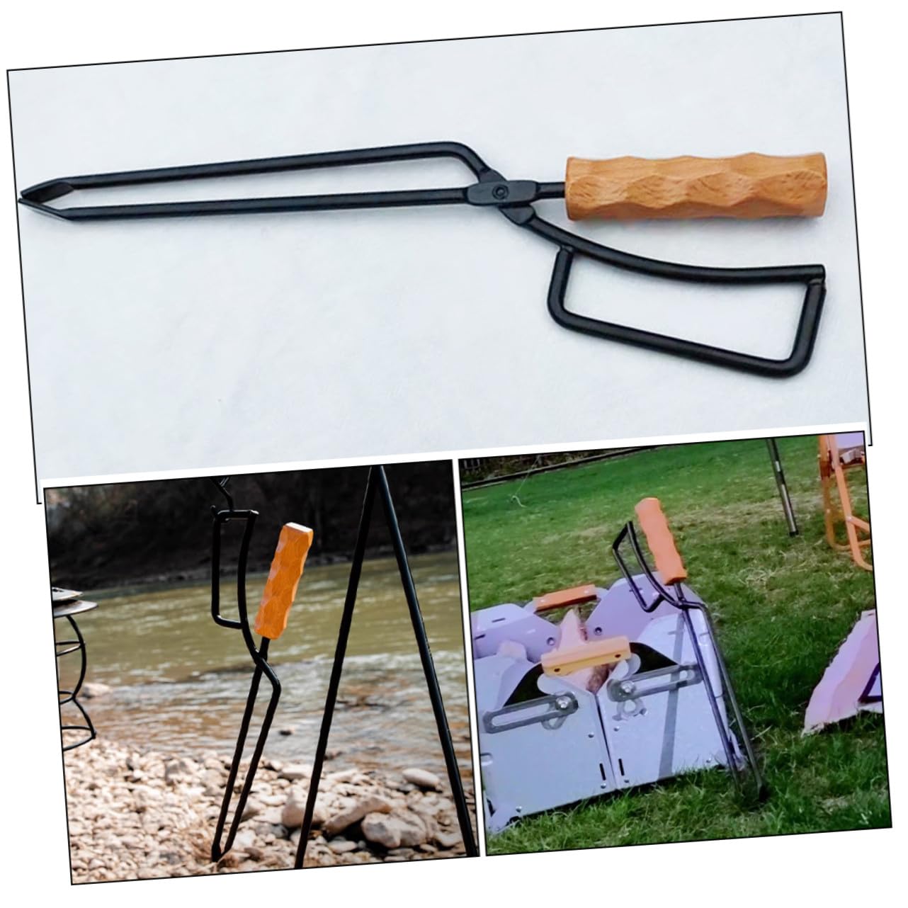 Pinza per Falò Manico in Legno, Accessorio per Barbecue da Campeggio, Pinza Allungata e Resistente per Legna e Carbonella, Utensile Multiuso per Bracieri e Fuochi All’aperto,