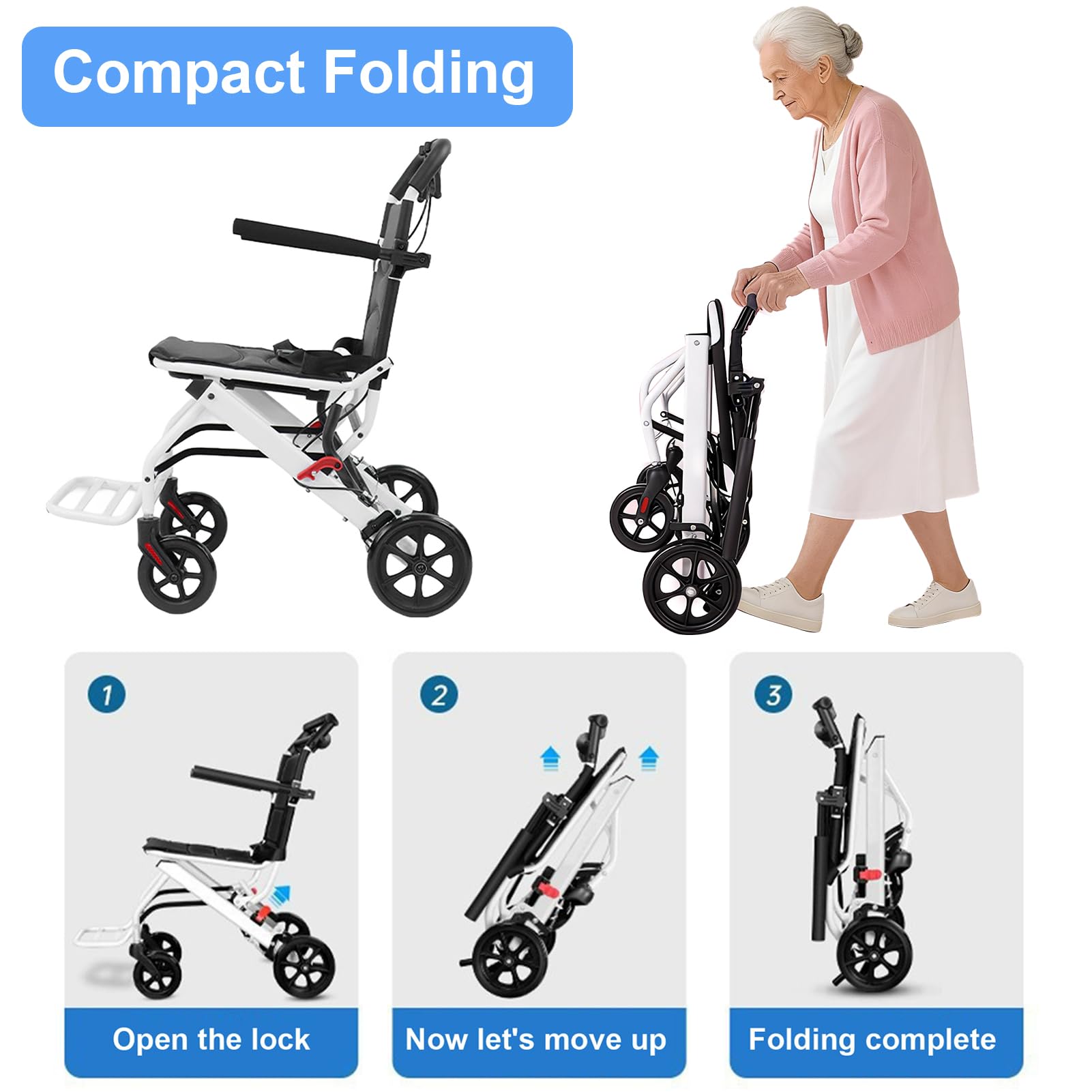 Silla de ruedas plegable ligera, sillas de ruedas para adultos, sillas de ruedas plegables para adultos con reposabrazos y reposapiés, para viajes en avión de ancianos