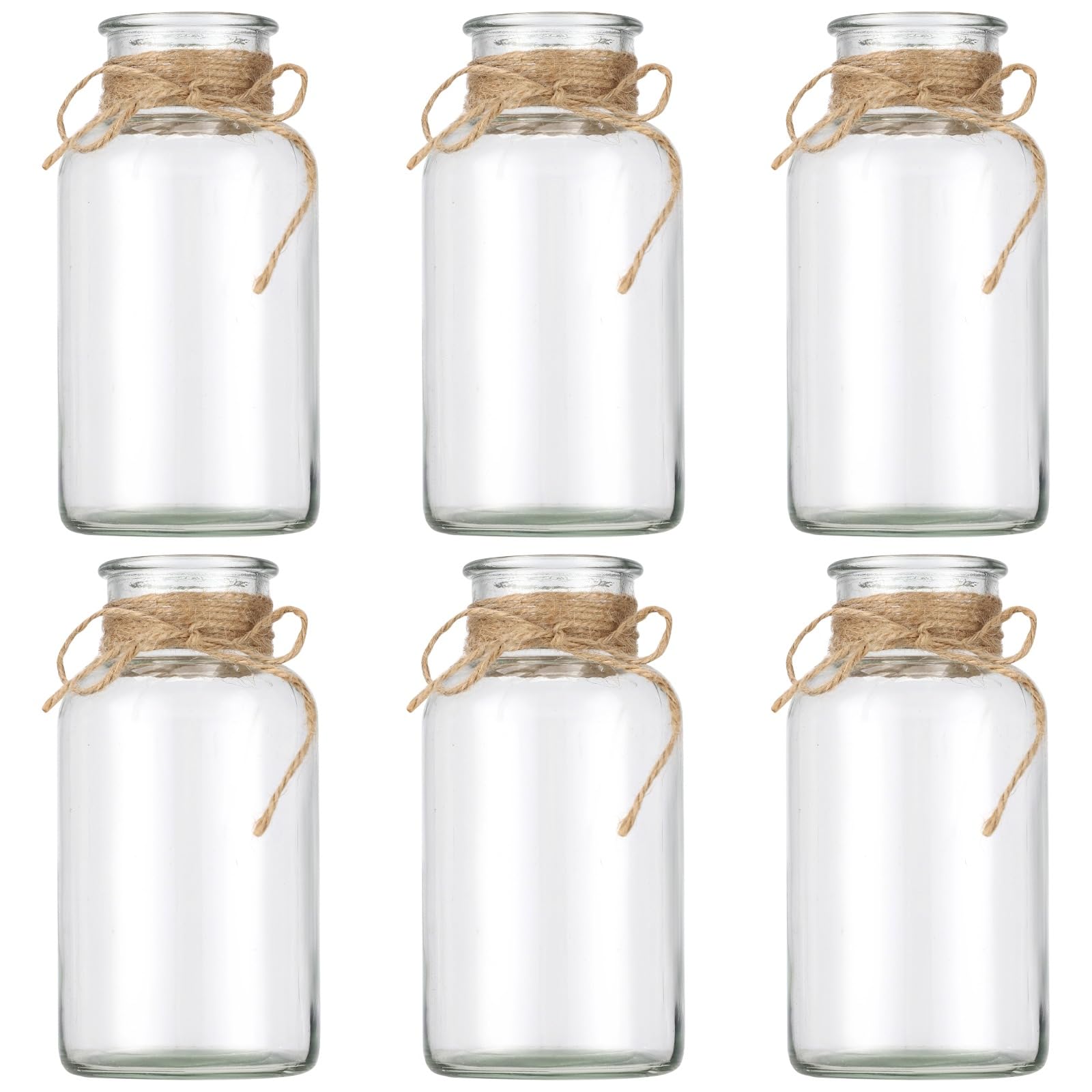 6 Stück Vintage-Glasblumenvasen-Set mit handgewickeltem Juteseil, klare Glasvasen für Tischmitte, dekorative Tischvasen, 16 x 7,9 cm, für Hochzeitsdeko und Wohnraum