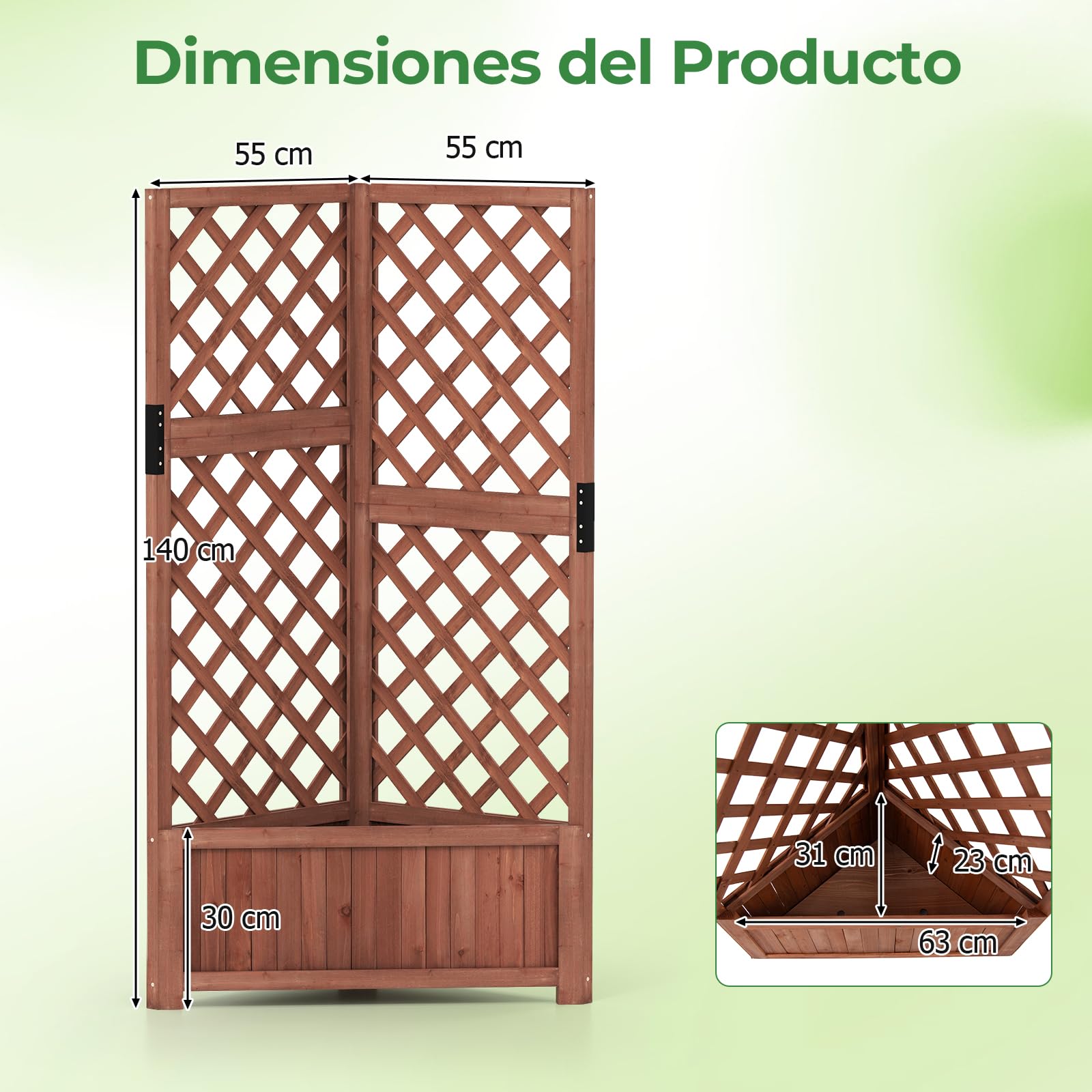 GOPLUS Jardineras con Enrejado Angular de Madera, Cama Elevada de Jardín, Orificios de Drenaje, para Flores Verduras Plantas Trepadoras, Macetero Exterior para Patio Jardín, 55 x 55 x 140 cm (Marrón)