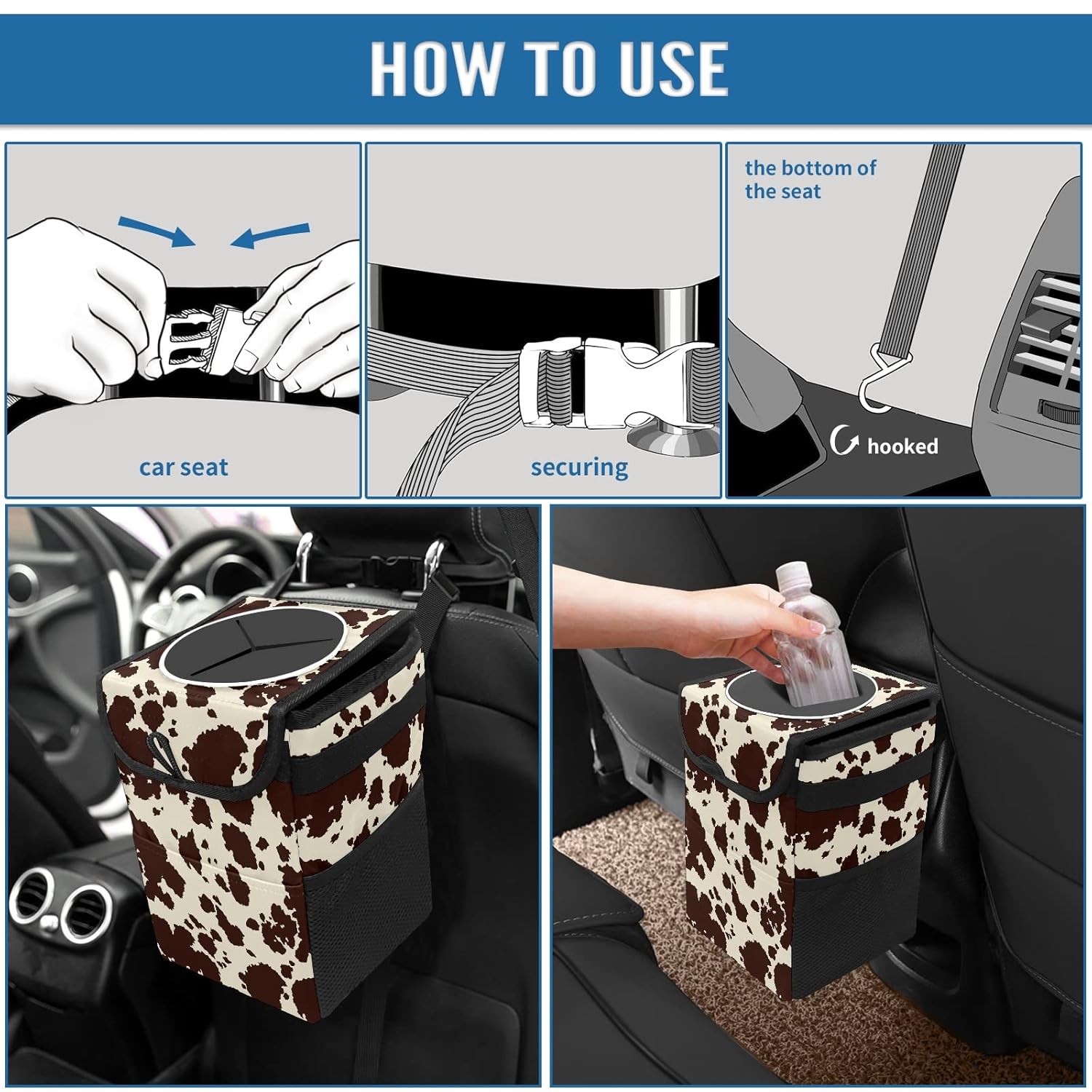 Brown Cow Print Collapsible Car Trash Can with Lid - Reusable, Waterproof, Garage Bag, Interior Car Organizer