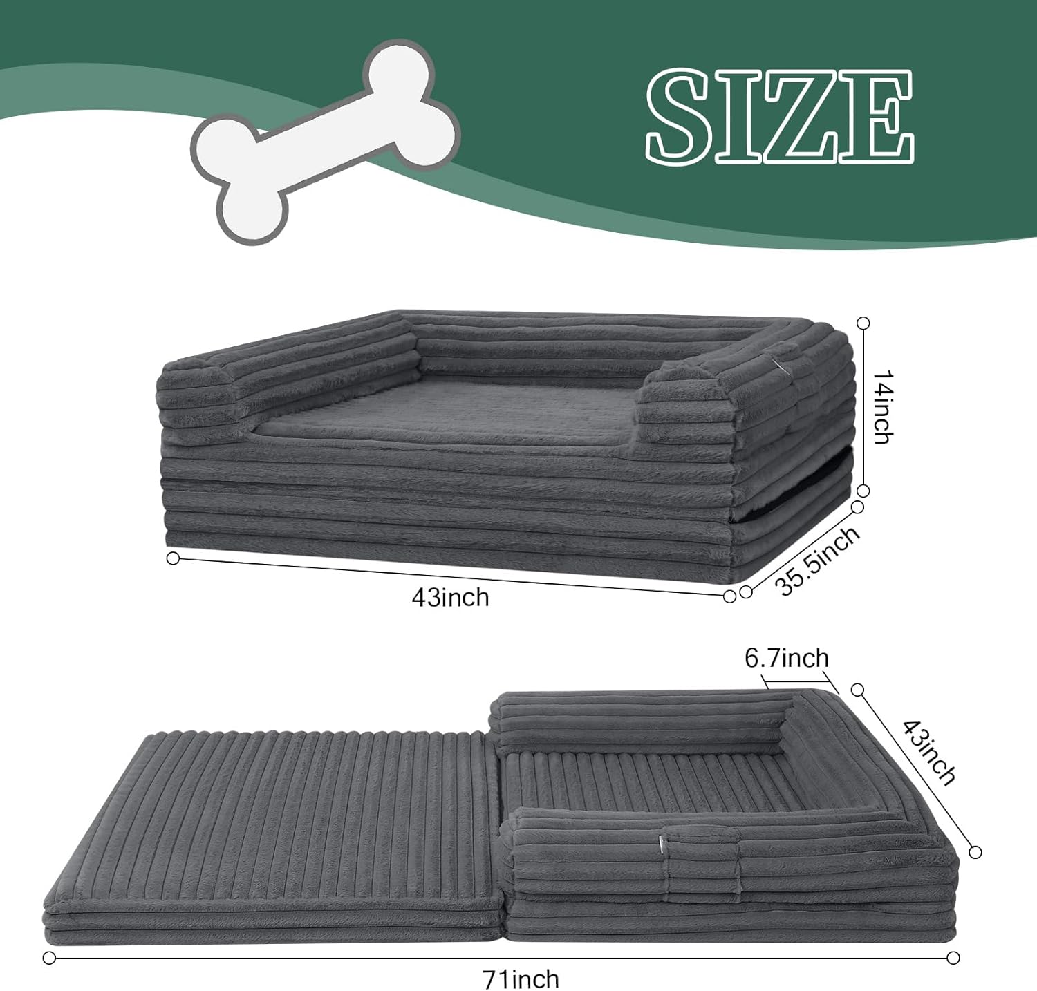 Human Dog Bed for Adults, Foldable Human Size Dog Bed, 2-in-1 Large Pet Sofa with Bolster, Orthopedic Egg Crate Foam, Calming Fluffy Pet Couch, Removable Cover, 71"x43"x10", Dark Grey