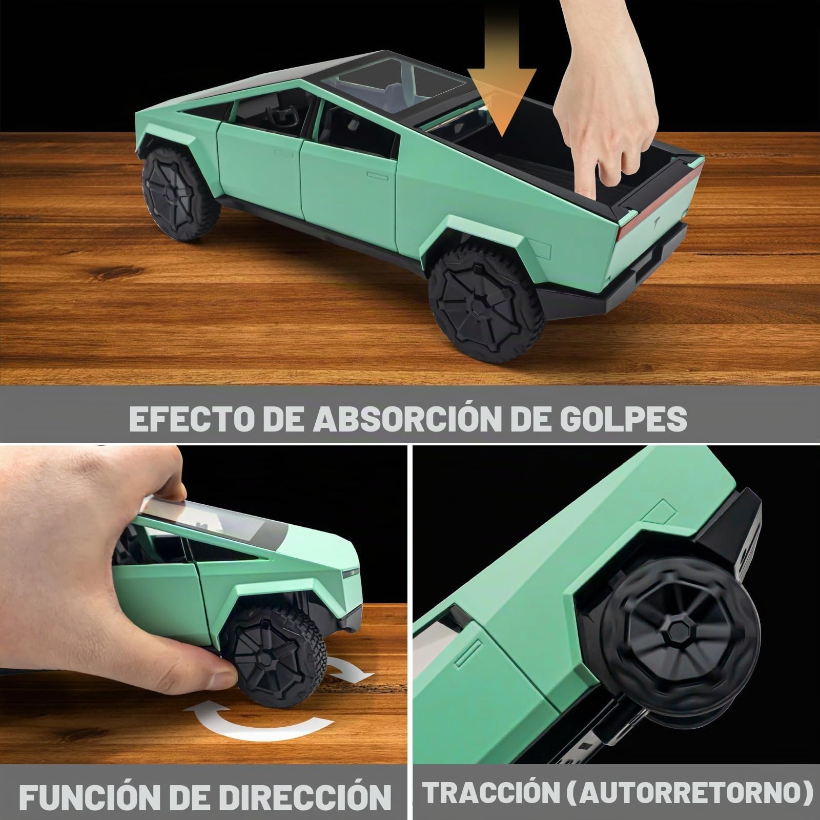 Tesla Cybertruck Modelo de Coche 1:24 Camiones de Juguete de Metal Fundido a Presión con luz y Sonido, Mini Vehículo de Juguete para Niños a Partir de 3 Años (Verdes,Equipado con Moto de Playa)