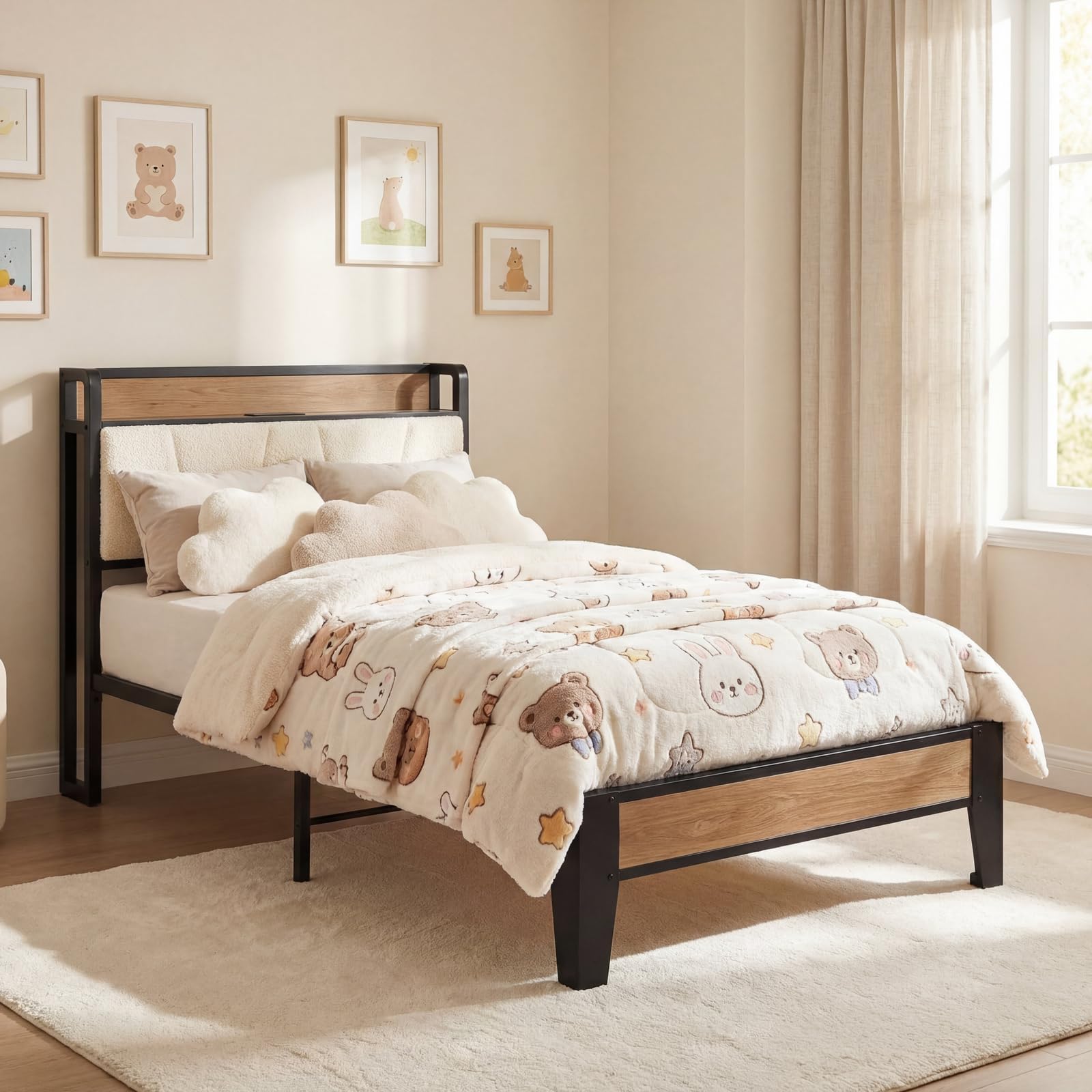 LIKIMIO Twin Bed Frames, Storage Headboard with Charging Station, Solid and Stable, Noise Free, No Box Spring Needed, Easy Assembly, Wood and Cream