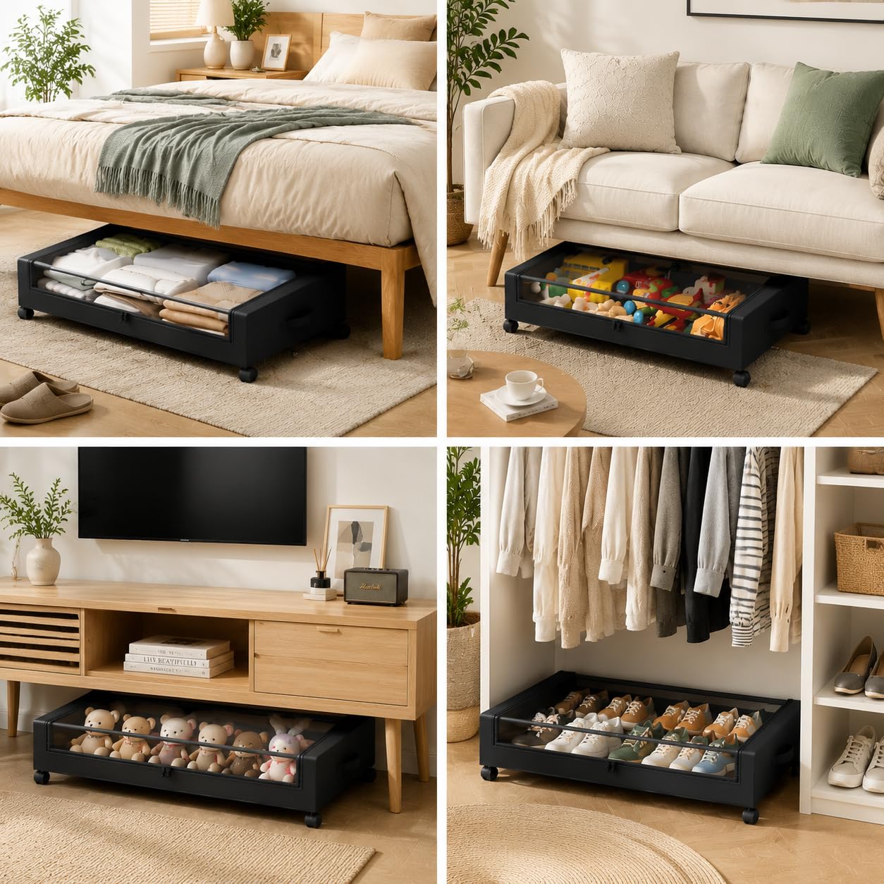 Scatole portaoggetti da 48 l, con ruote e coperchio con cerniera, pieghevoli, di grande capacità, per vestiti, biancheria da letto, scarpe e giocattoli, colore nero, confezione da 2