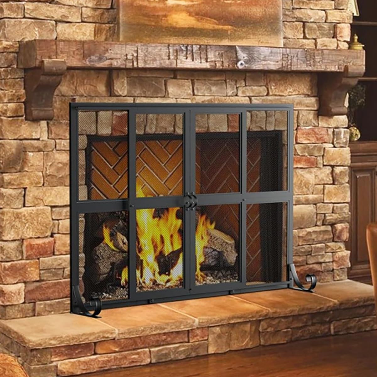 Salvachispas Chimenea con Puertas Correderas De Hierro Forjado Artesanal - Protector Chimenea para Leña. Seguridad para Niños Y Mascotas En El Salón Y Hogar