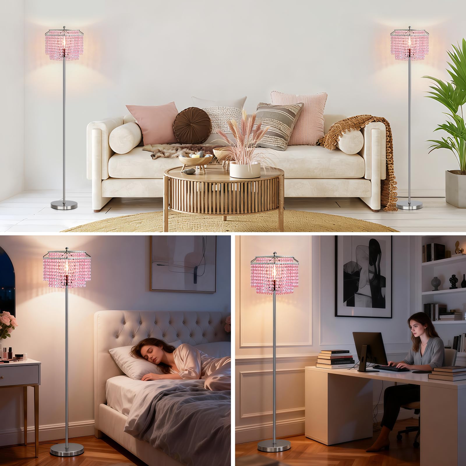 GyroVu Kristall Stehlampe Rosa, Moderne Stehleuchte mit Ein-/Ausschalter am Fuß, Hohe Floor Lamp mit doppellagigem Lampenschirm für Wohnzimmer, Schlafzimmer und Büro (Glühbirne enthalten)