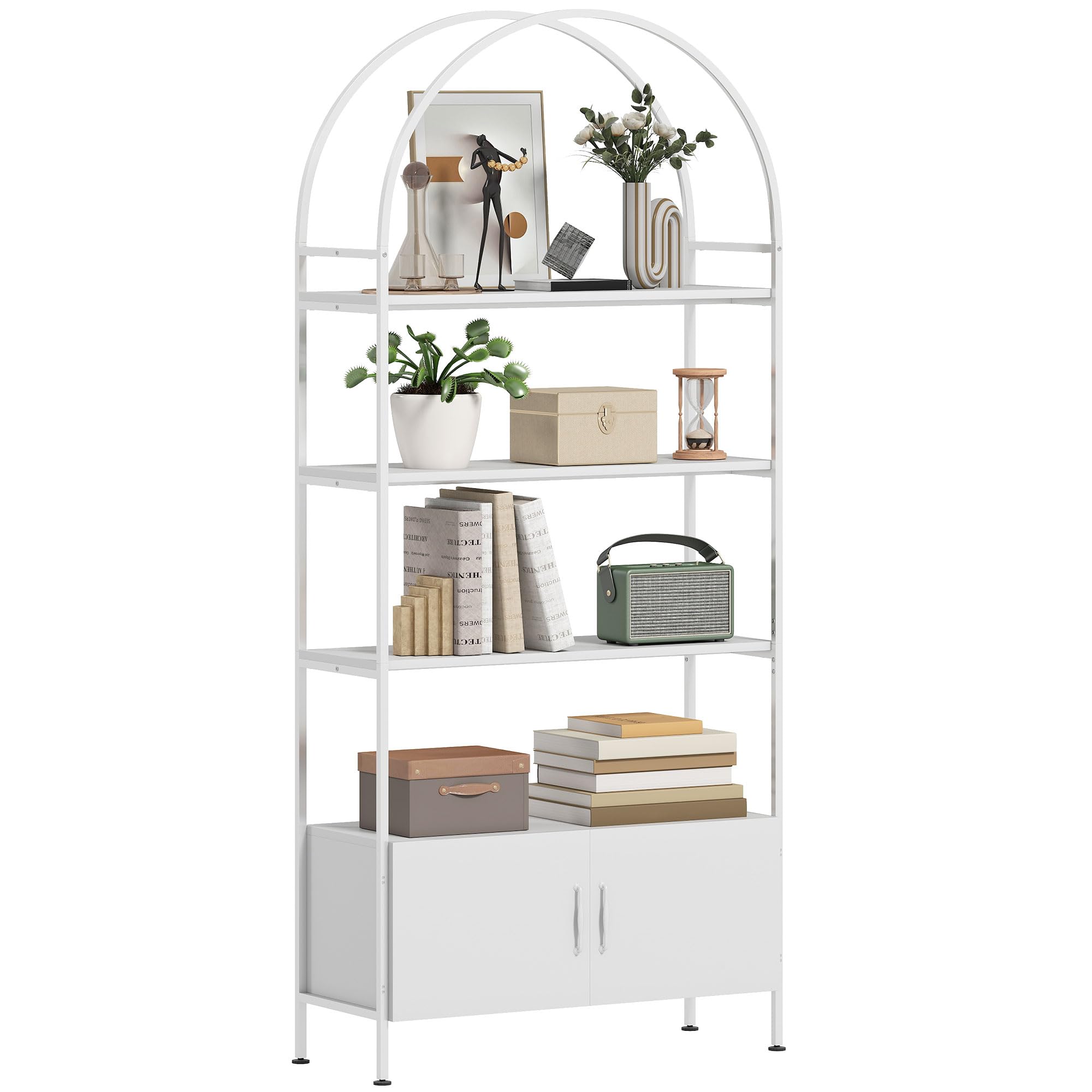 HOMCOM Aufbewahrungsregal, geschwungene Bibliothek auf 4 Ebenen mit zweitürigem Schrank, verstellbare Kufen, Stahlstruktur, für Büro, Wohnzimmer, Schlafzimmer, 80 x 30 x 187 cm, weiß | 4 Ebenen, Schrank mit Doppeltür, verstellbare Kufen, Struktur aus Stah