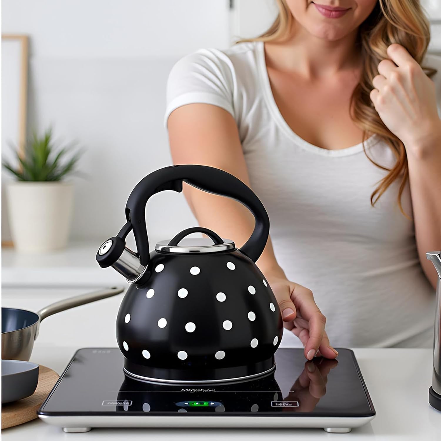 Polka Dot Tea Kettle Stovetop - 3.2 Quart Stainless Steel Whistling Kettle, Vintage Black & White Design, Gas & Electric Stove Safe, Induction