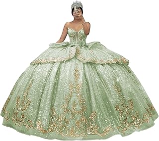 Glitter Gold Applique Quinceanera Dresses with Bow Tiered Tulle Sweet 16 Dress with Train Strapless Sequin Ball Gown
