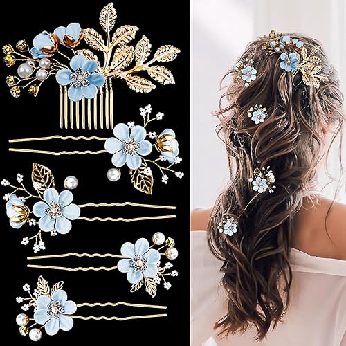5 horquillas para el pelo de boda con flores para novia, perlas, diamantes de imitación, horquillas para el cabello de hoja dorada, joyería para el