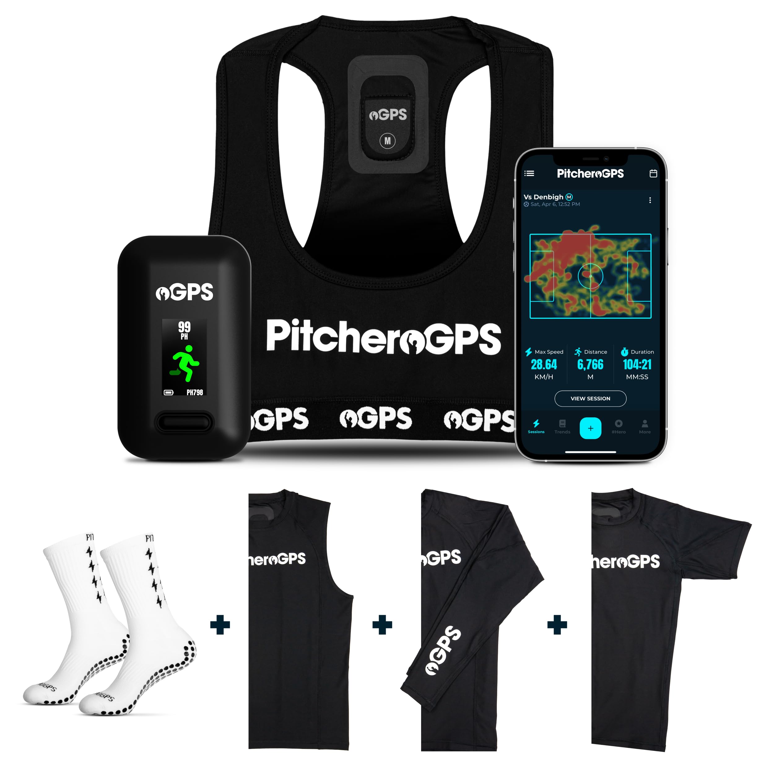 PitcheroGPS Pro Bundle – Player Tracker, Performance Vest & 3 Base Layers (Long, Short & Sleeveless) + 2 Grip Socks – Track 18 Metrics – Football, Rugby & Hockey (Youth Medium)