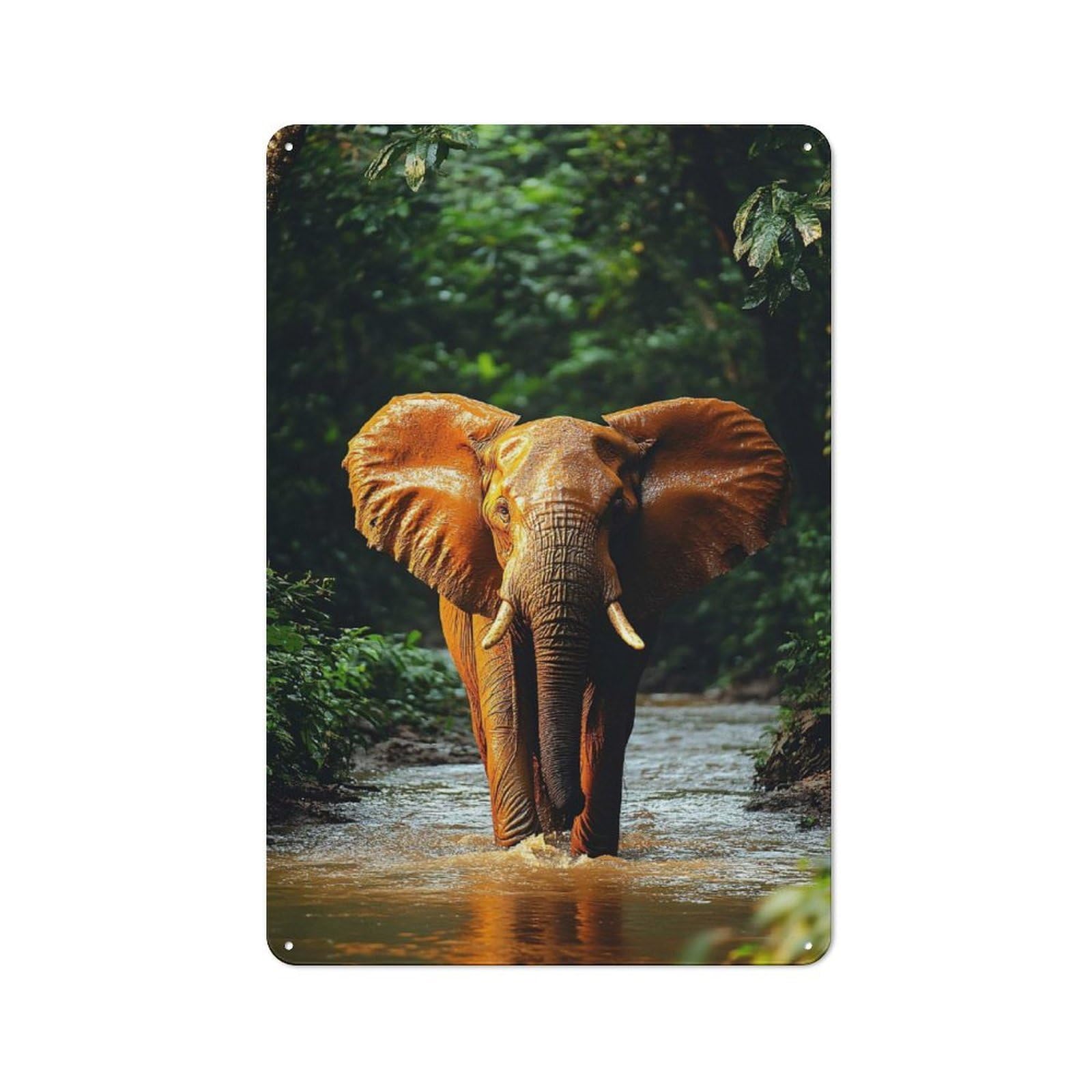 Junmoney Style-4 Elephant Wading Through River In Jungle Rustic Metal Wall Decor 30X20cm, Decorative Metal Plaque For Shed, Garden Room, Porch Or Garage