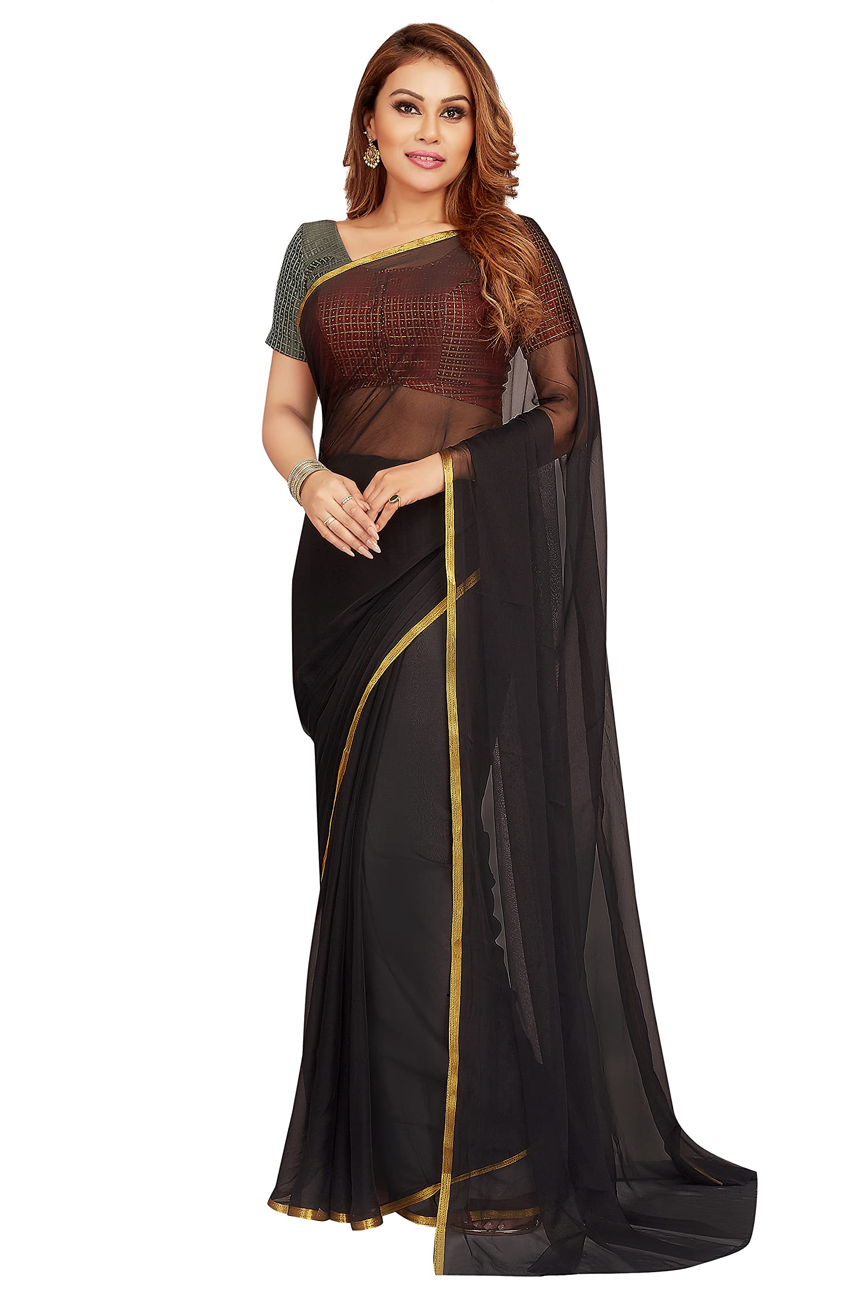 RANI SAAHIBAWomen's Chiffon Printed Saree With Blouse Piece, Black, 5.4m