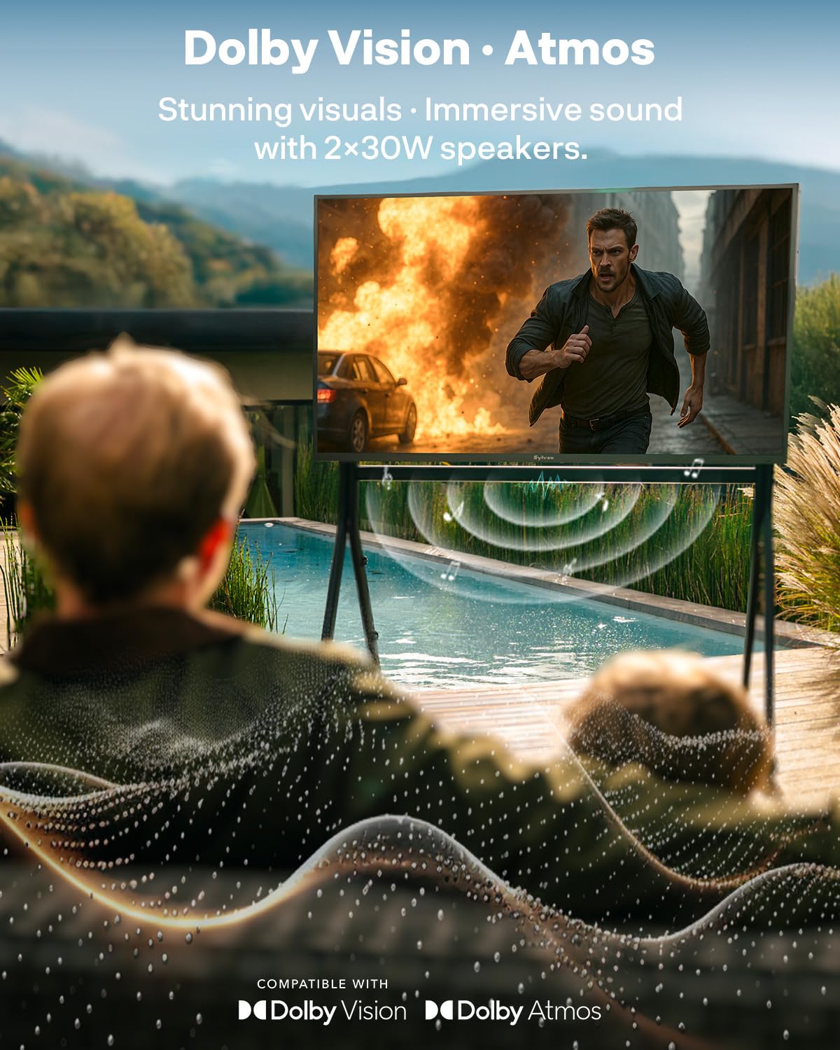 SYLVOX TV para Exteriores, 55" Helio QLED, 2000nits, 120 Hz, 4K UHD IP55 Resistente al Agua, Google TV y Dolby Atmos, DVB-C/T2/S2, HEVC, Resistente a la Intemperie TVS para jardín, terraza y Comercio