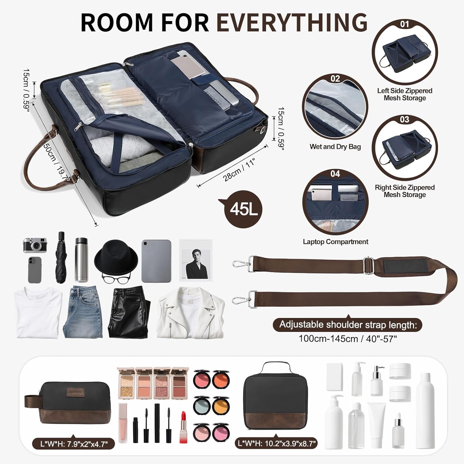 3-Piece Lay-Flat Duffel Bag Set Stylish Weekend Travel Set with Laptop Sleeve & Wet/Dry Storage, Carry-On & Short Getaways, Black