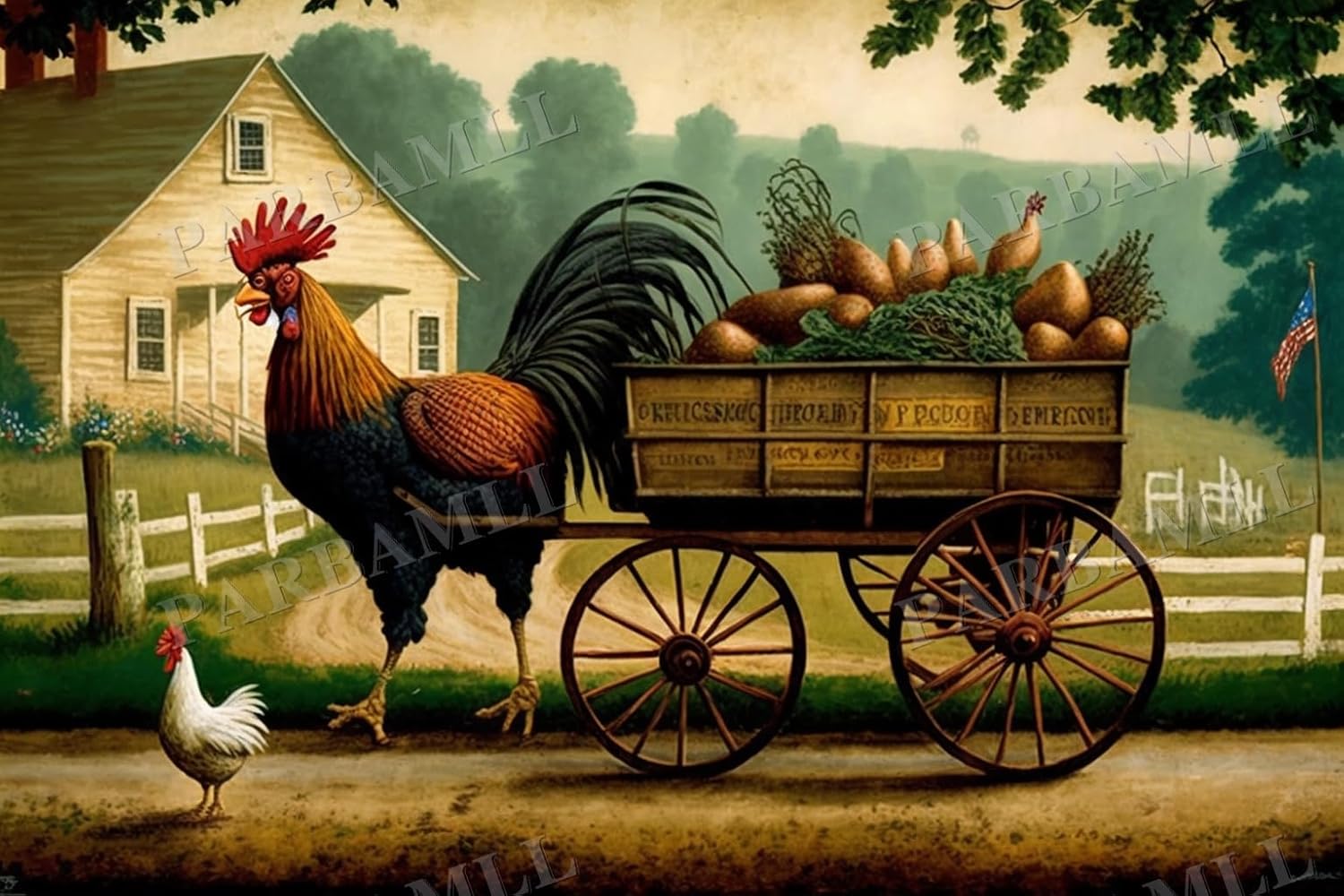 Parbamll Vintage Rooster Pulling Cart Diamond Painting, Cross Stitch Adult DIY Round Diamond Paste Decorations, for Wall Decor Bedroom Decor and Gift Giving 20X24inch