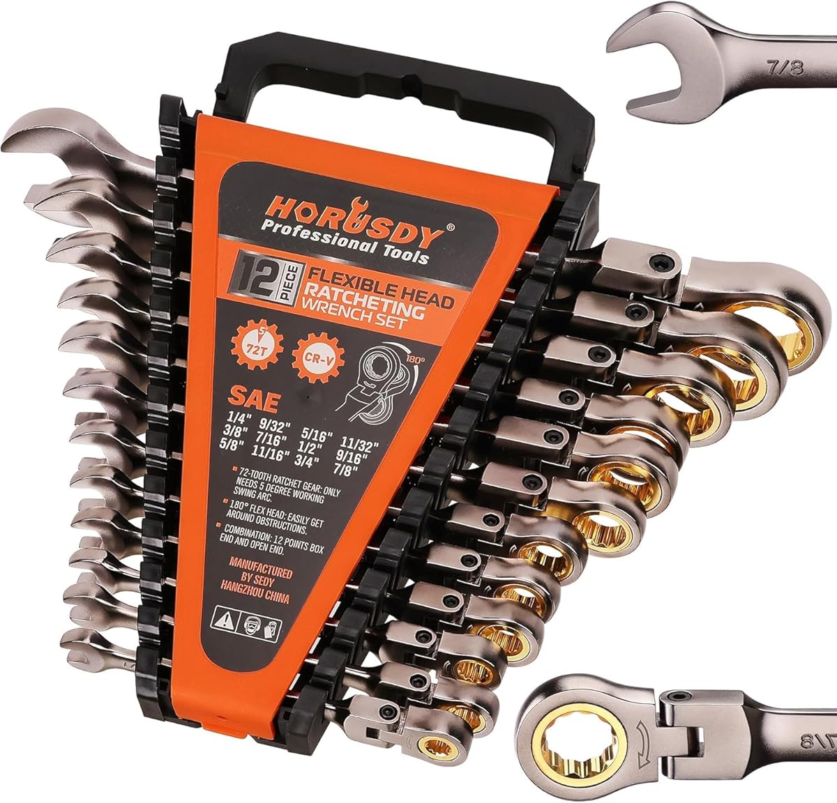 HORUSDY 12-Piece SAE Flex-Head Ratcheting Wrench Set with Organizer | 1/4” to 7/8“ Ratchet Combination Wrenches Set | 72-Teeth | Chrome Vanadium Steel