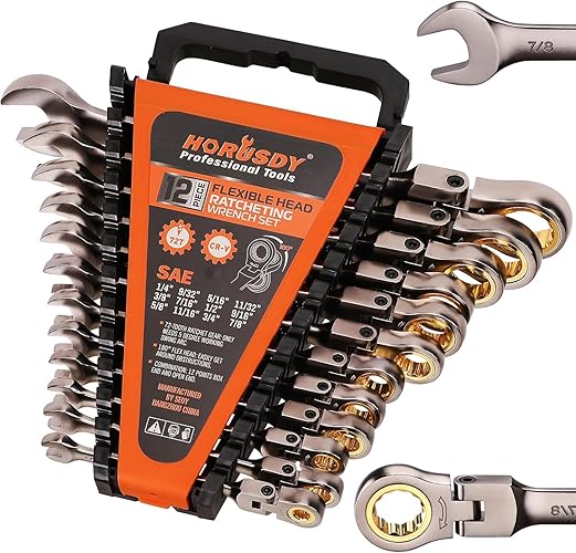 HORUSDY 12-Piece SAE Flex-Head Ratcheting Wrench Set with Organizer | 1/4” to 7/8“ Ratchet Combination Wrenches Set | 72-Teeth | Chrome Vanadium Steel