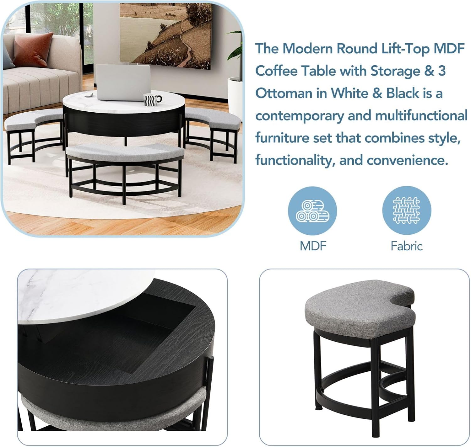 KEVINSPACE Lift Top Round Coffee Table with Stools, Nesting CoffeeTable Set, Black CoffeeTable with Hidden Storage Compartment, Faux Marble CoffeeTable for Living Room, Home, Office 31.5"