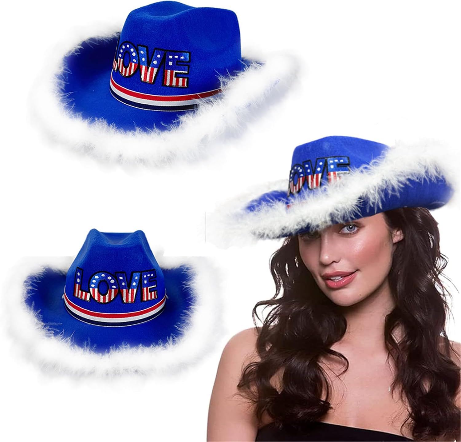 LOVE Homburg Fedoras with Unique Feathered Fedoras Hat Top Classical Porkpie for 4th of July Theme Party Carnivals Blue Love Hat