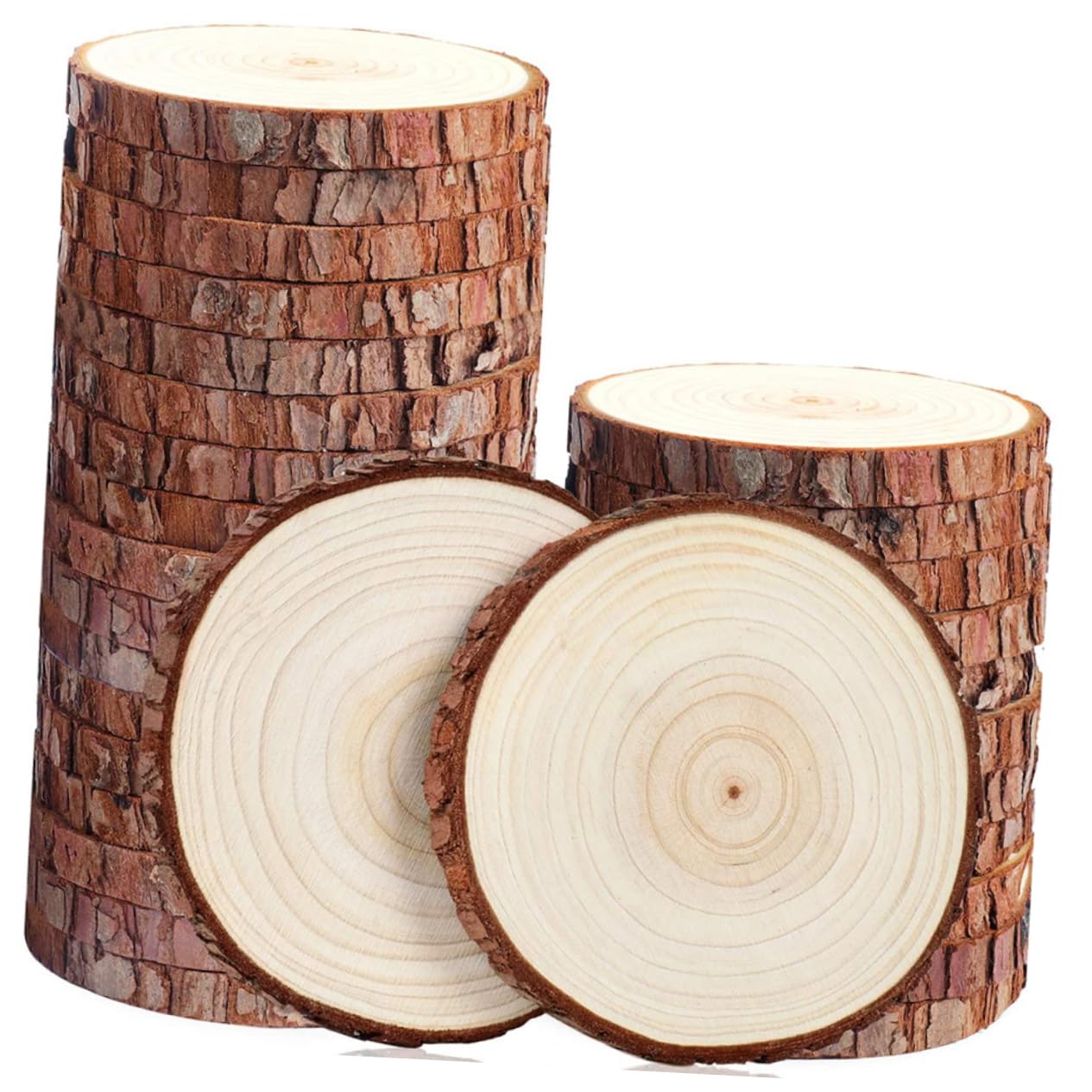 Rodajas de Madera Natural de Pino, 50 Piezas Redondas Superficie Lisa y Diseño en Blanco, Ideales para Manualidades, Cafés y Tiendas