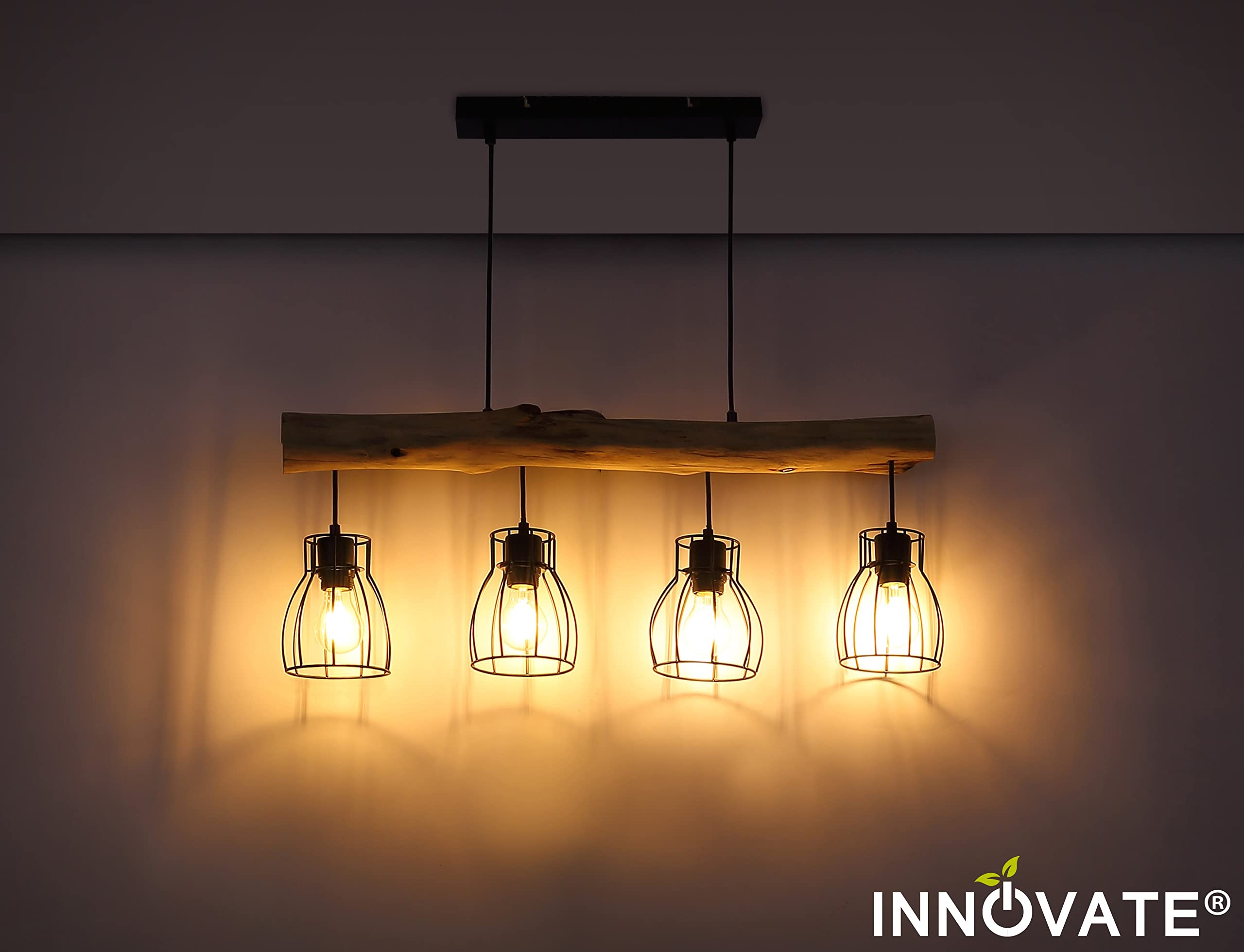 INNOVATE Pendelleuchte Holz 4 Gitterkörbe Rund – 80cm breite Hängelampe Vintage Holzbalken Rustikal – Aluminium Gitterkorb Pendellampe schwarz 4x E27 Fassung bis 40 Watt - Retro Hängeleuchte 140cm